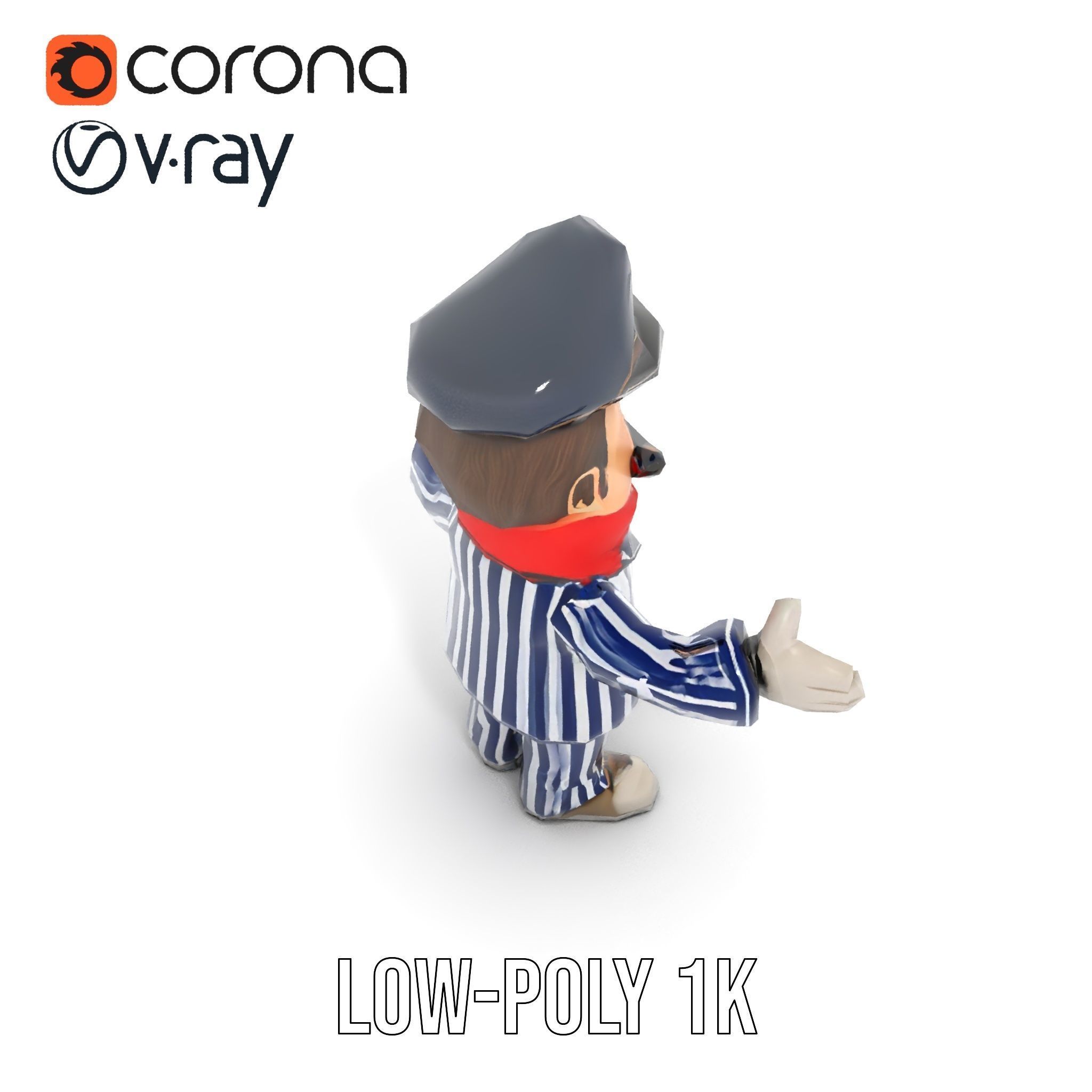 Striped Suit Character with Red Scarf Rigged and Animated Low-poly 3D model_8
