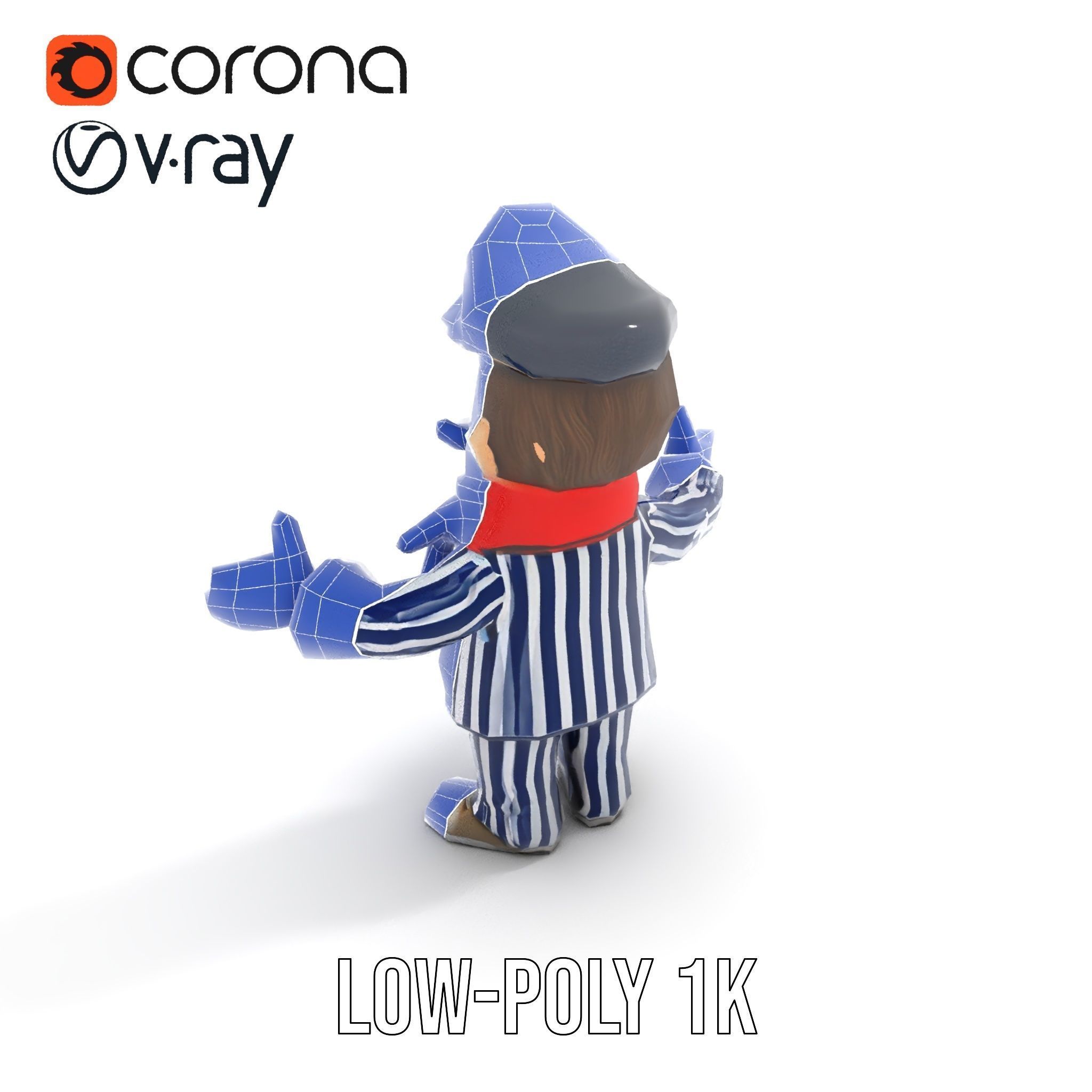 Striped Suit Character with Red Scarf Rigged and Animated Low-poly 3D model_14