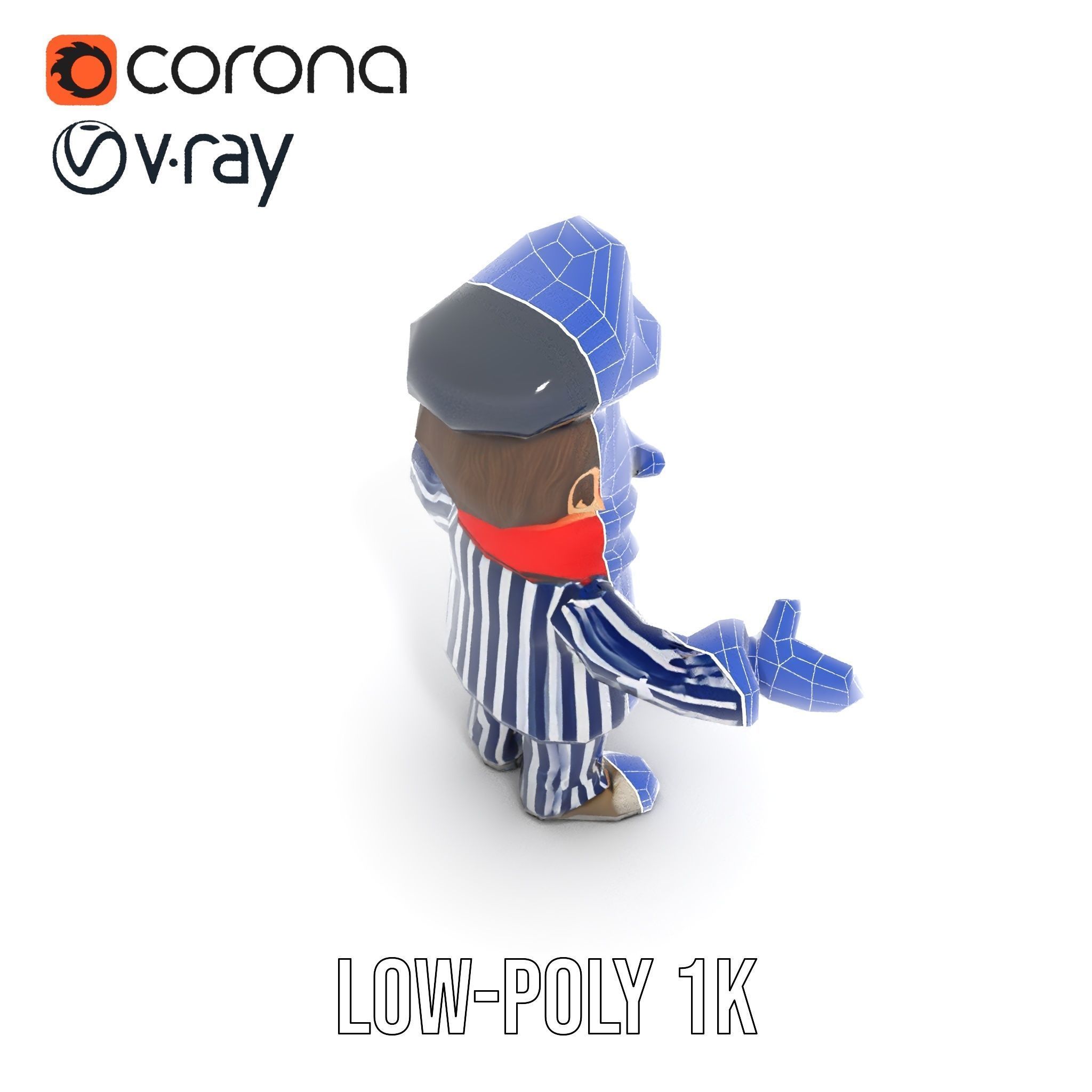 Striped Suit Character with Red Scarf Rigged and Animated Low-poly 3D model_22