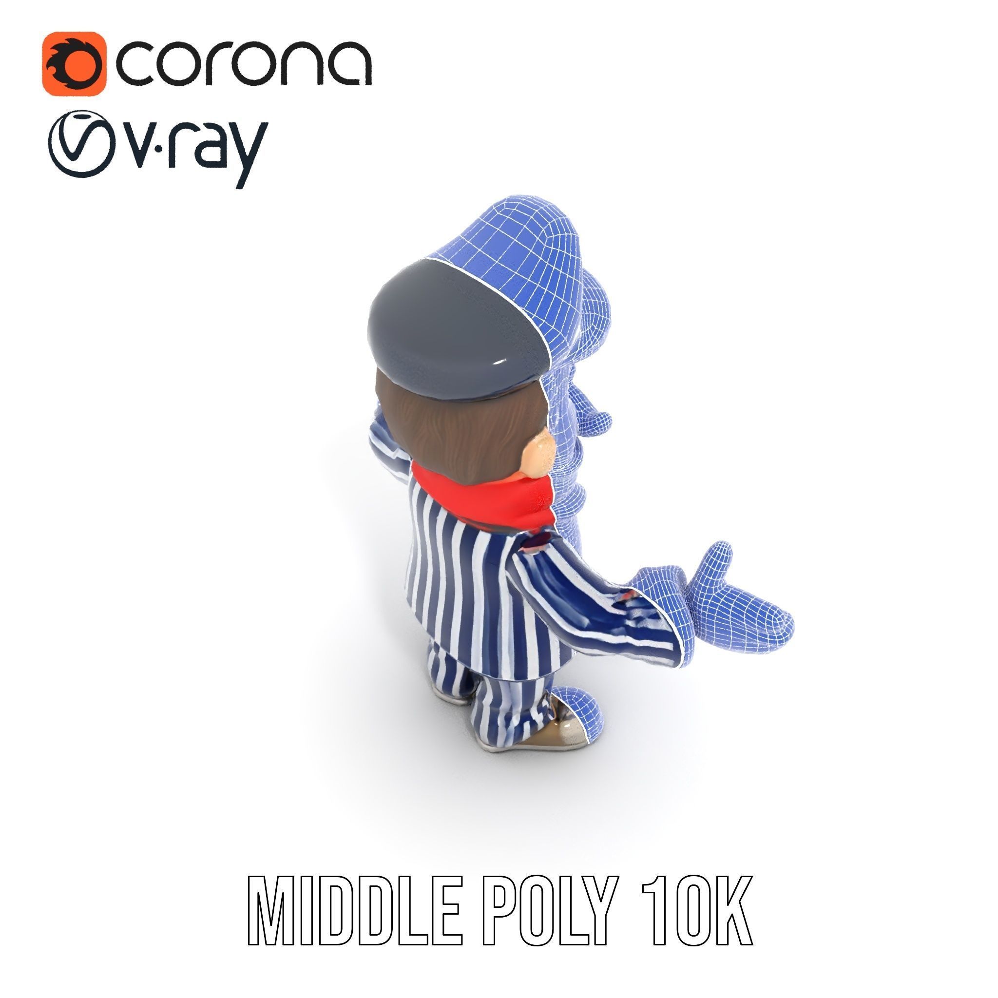 Striped Suit Character with Red Scarf Rigged and Animated Low-poly 3D model_13