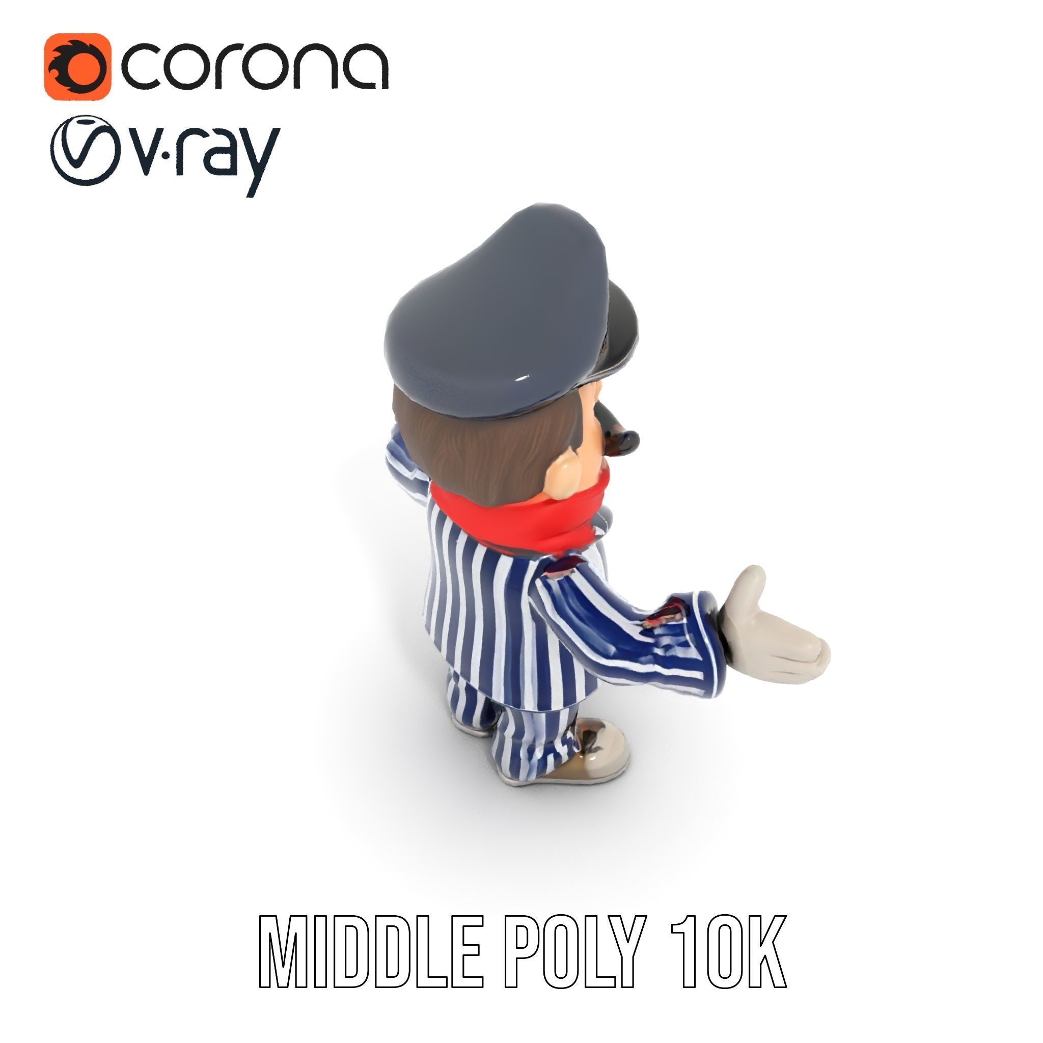 Striped Suit Character with Red Scarf Rigged and Animated Low-poly 3D model_30