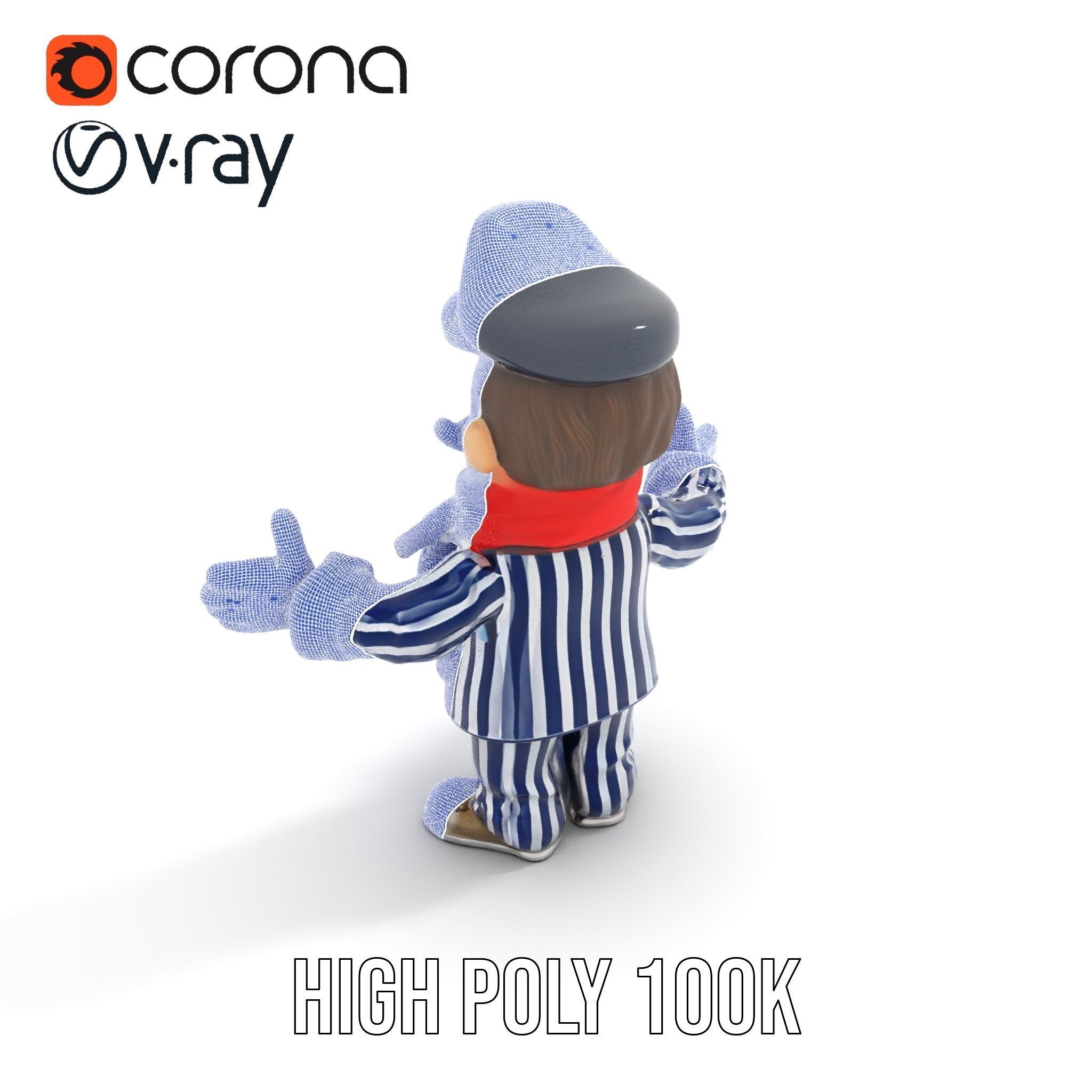Striped Suit Character with Red Scarf Rigged and Animated Low-poly 3D model_33