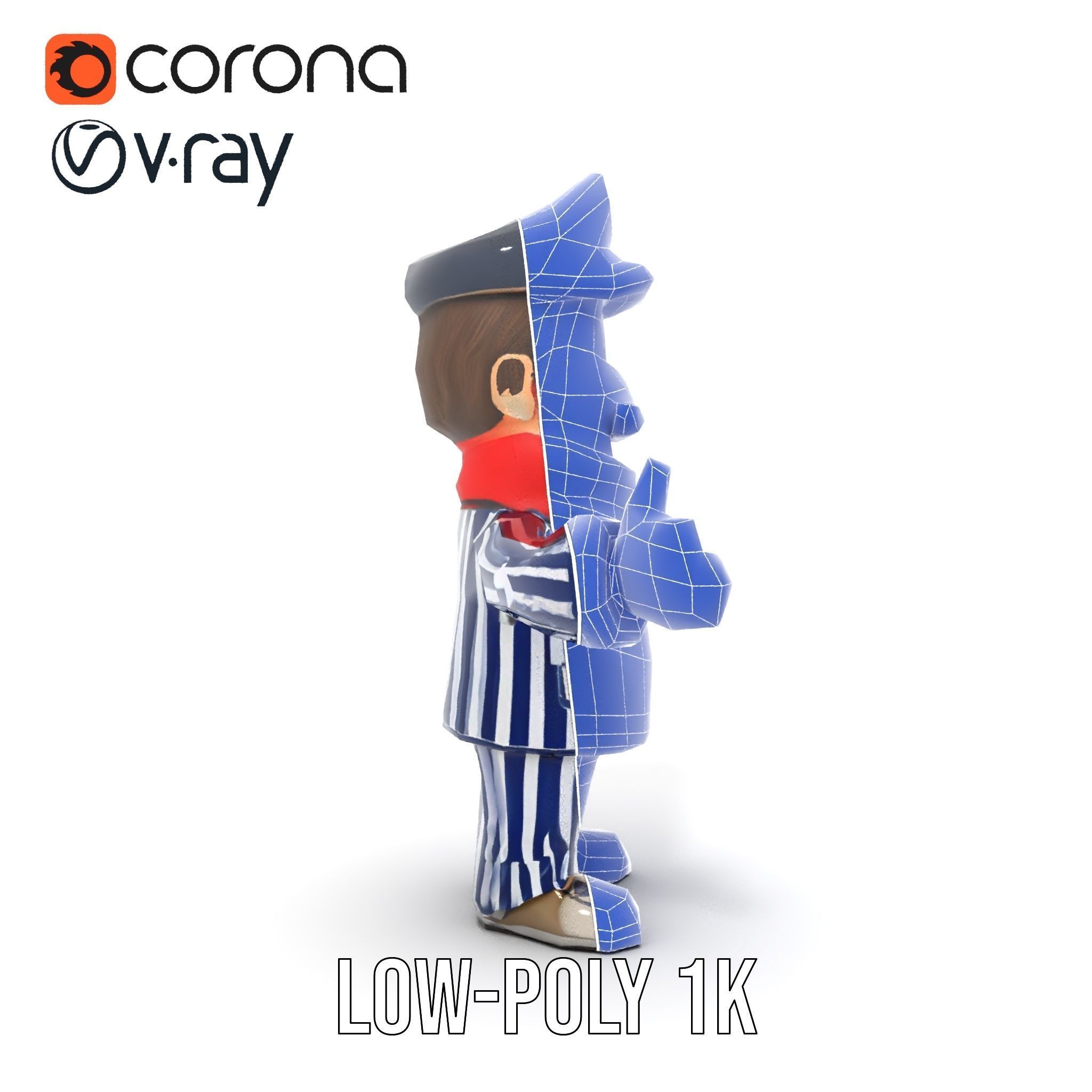 Striped Suit Character with Red Scarf Rigged and Animated Low-poly 3D model_31