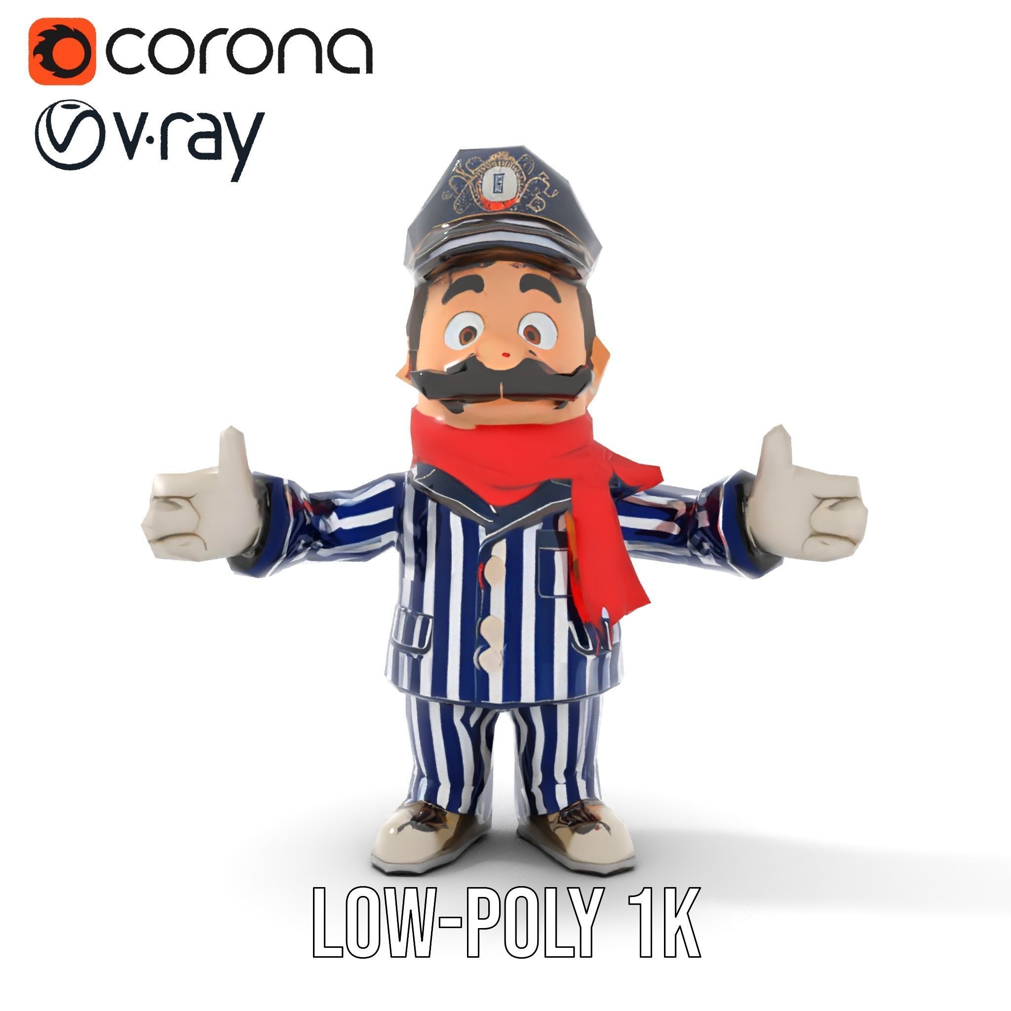 Striped Suit Character with Red Scarf Rigged and Animated Low-poly 3D model_19