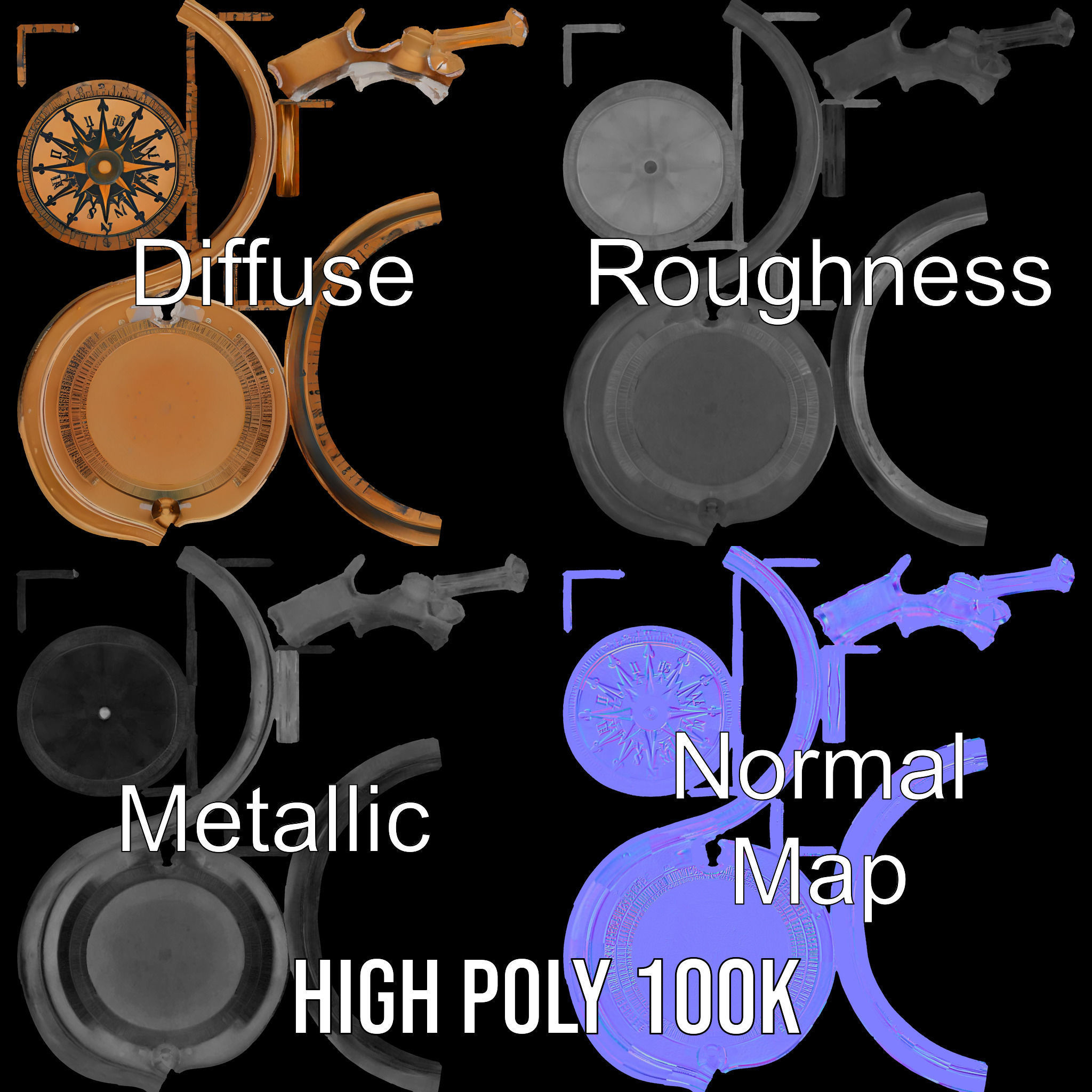 Antique Brass Compass Model Pack Low-poly 3D model_3