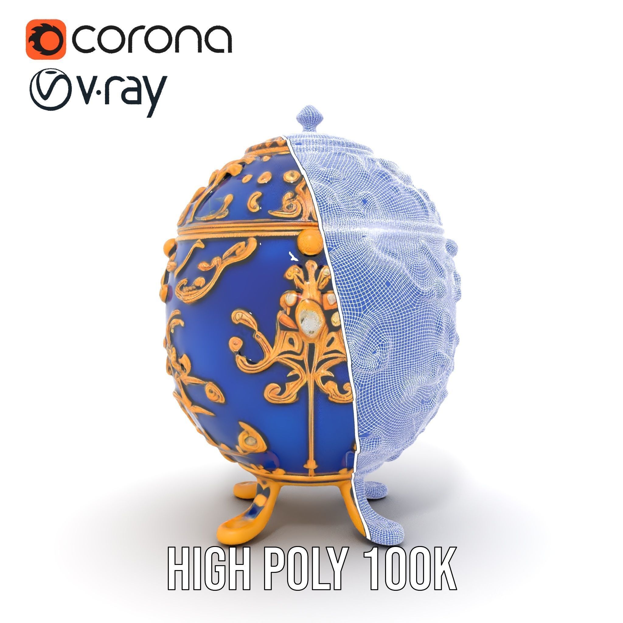 Ornate Royal Blue Egg with Gold Accents Model Pack Low-poly 3D model_33
