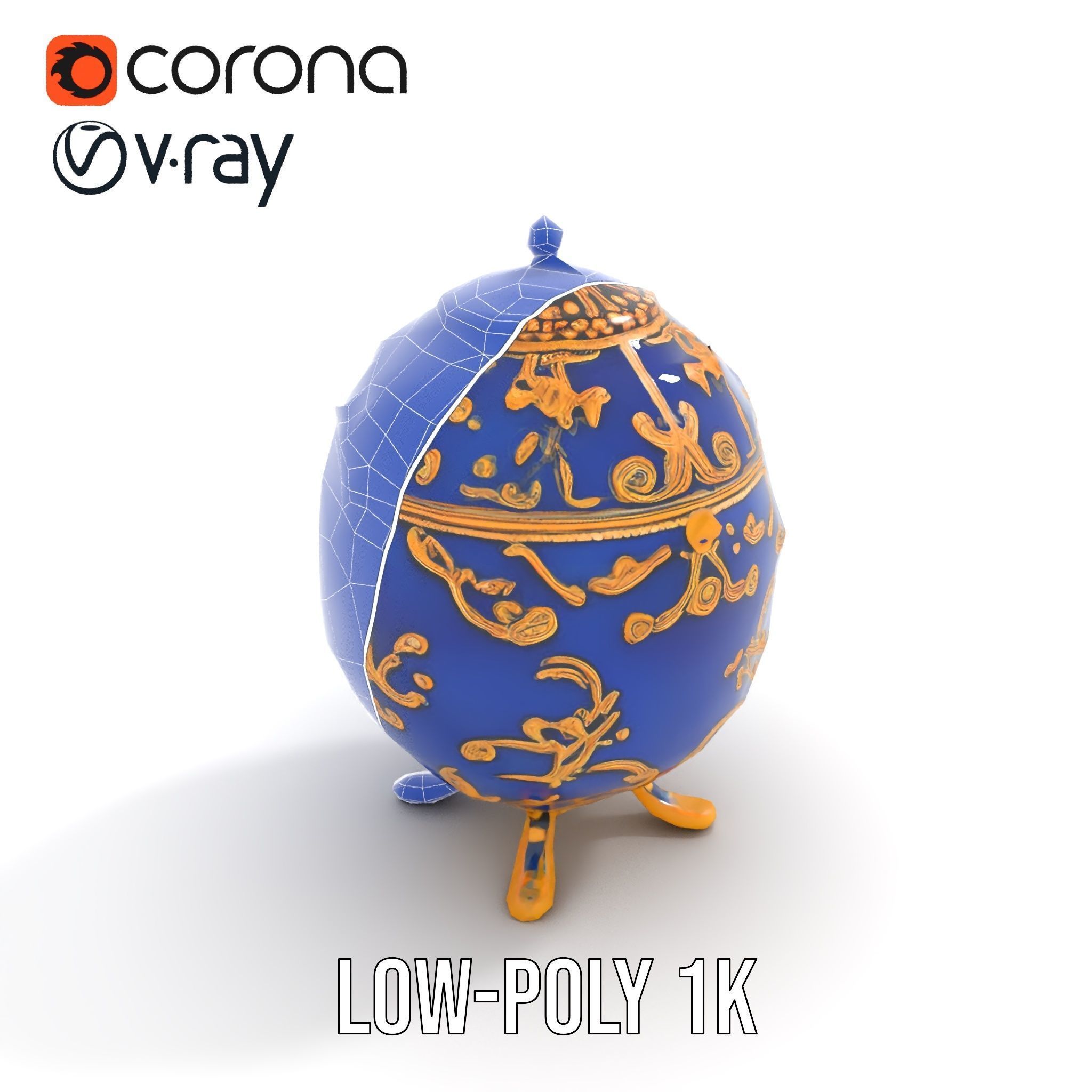 Ornate Royal Blue Egg with Gold Accents Model Pack Low-poly 3D model_16