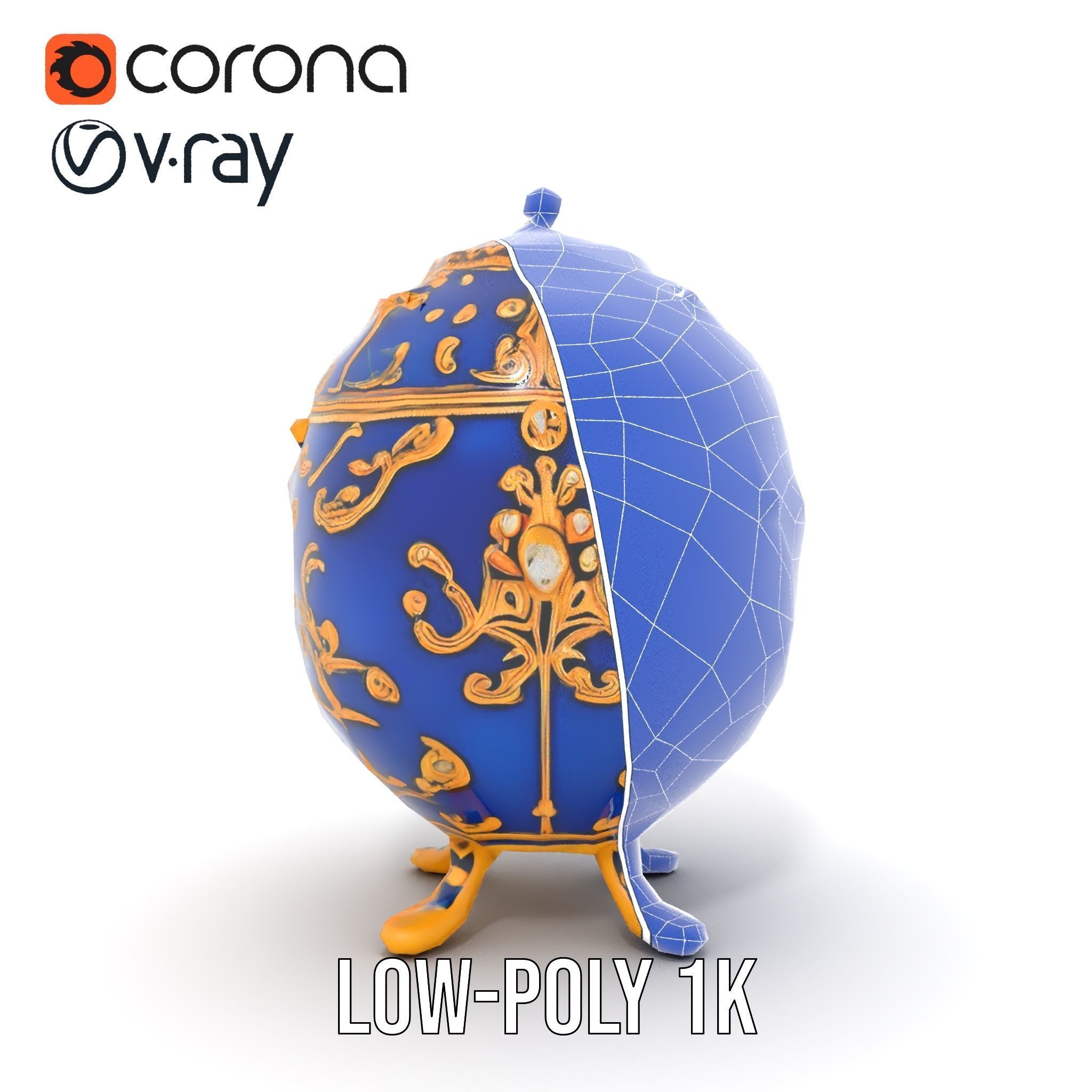 Ornate Royal Blue Egg with Gold Accents Model Pack Low-poly 3D model_30