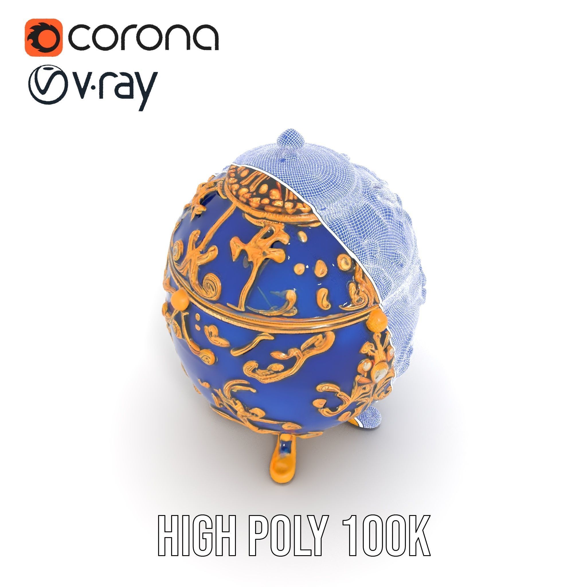 Ornate Royal Blue Egg with Gold Accents Model Pack Low-poly 3D model_31