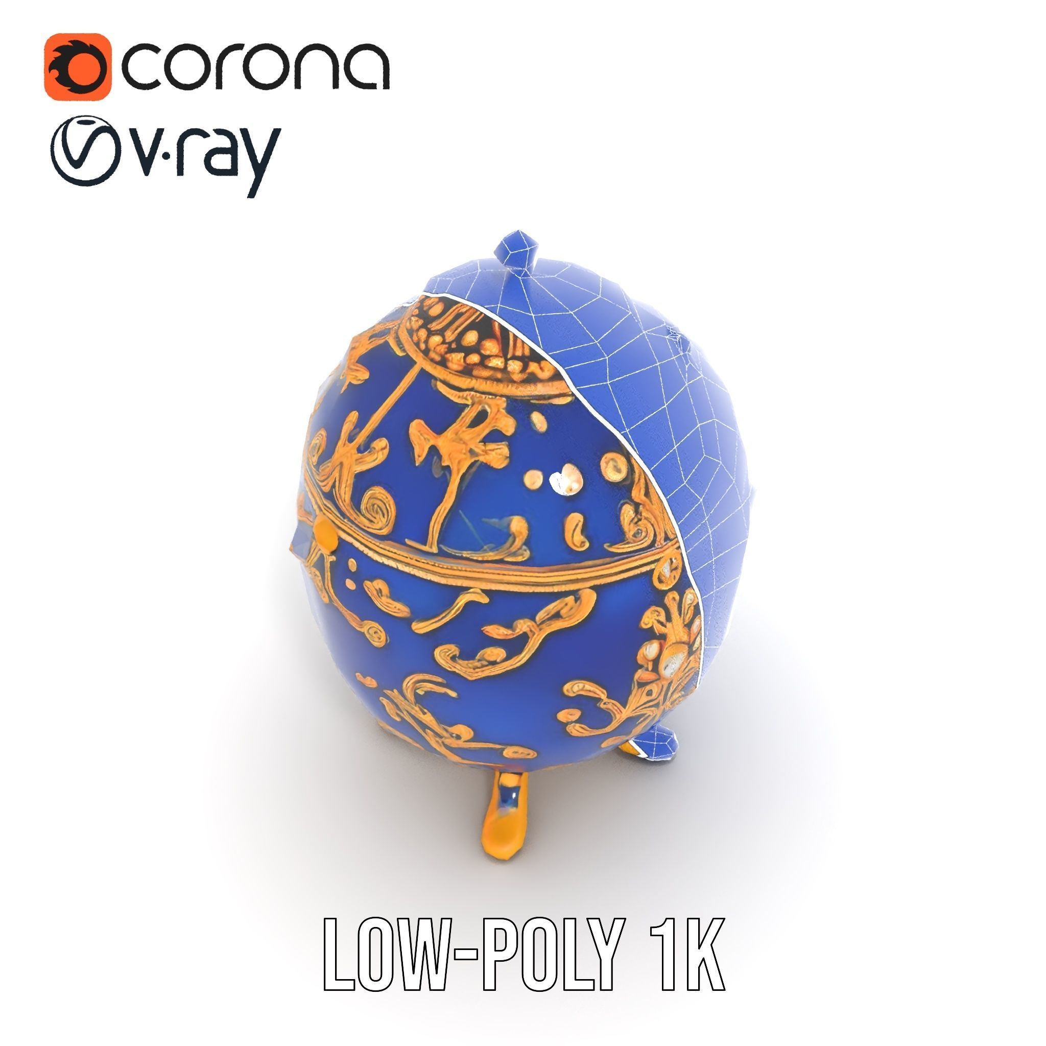Ornate Royal Blue Egg with Gold Accents Model Pack Low-poly 3D model_19