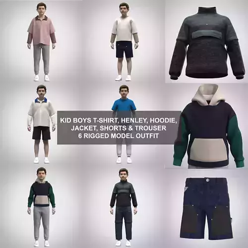 Kid boys clothing 6 sets of Rigged model   Low-poly 3D model