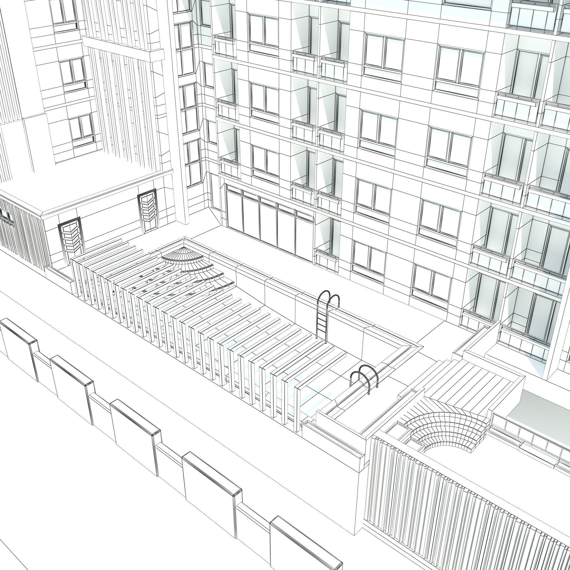 Condominium Apartment Complex with Swimming Pool 3D model_15