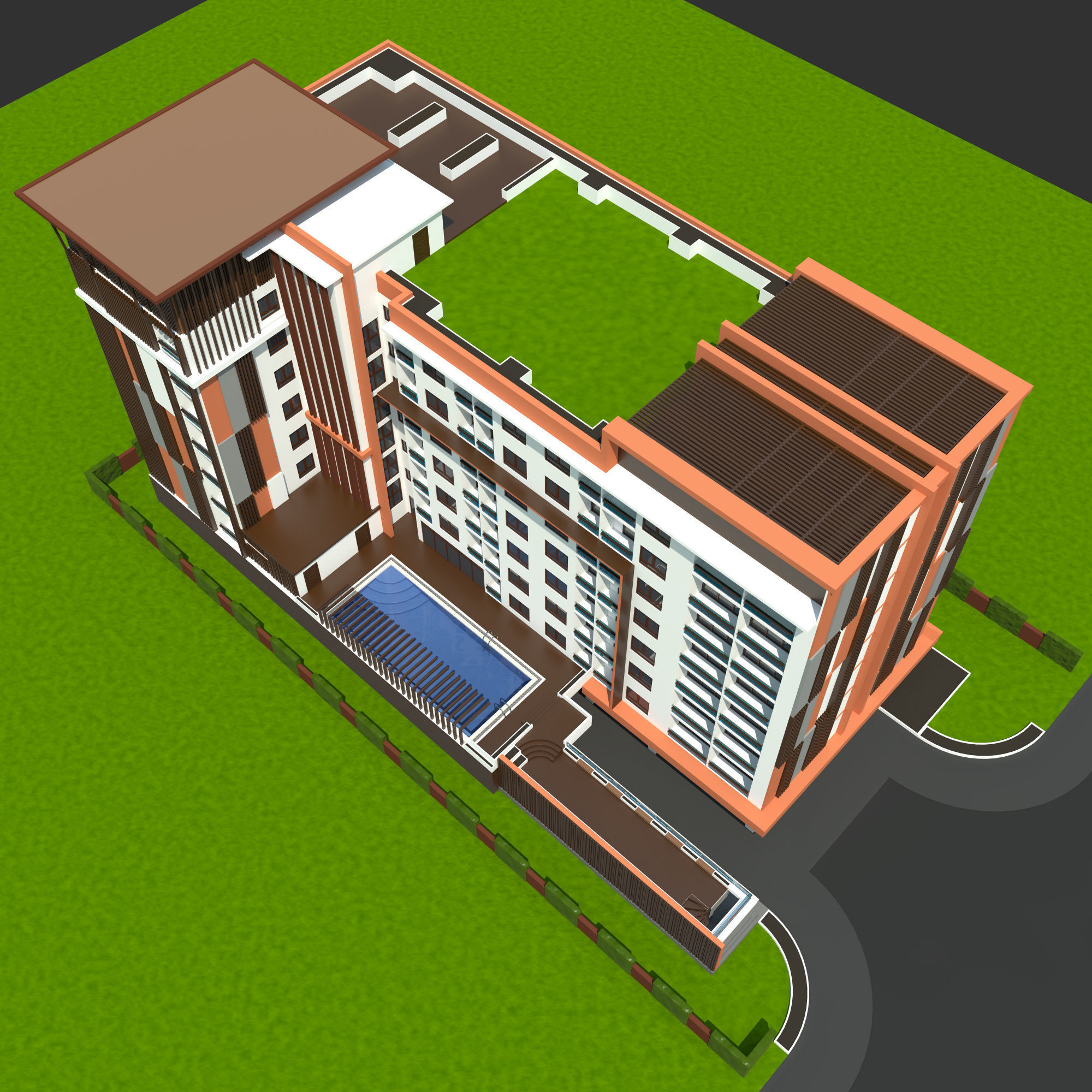 Condominium Apartment Complex with Swimming Pool 3D model_2