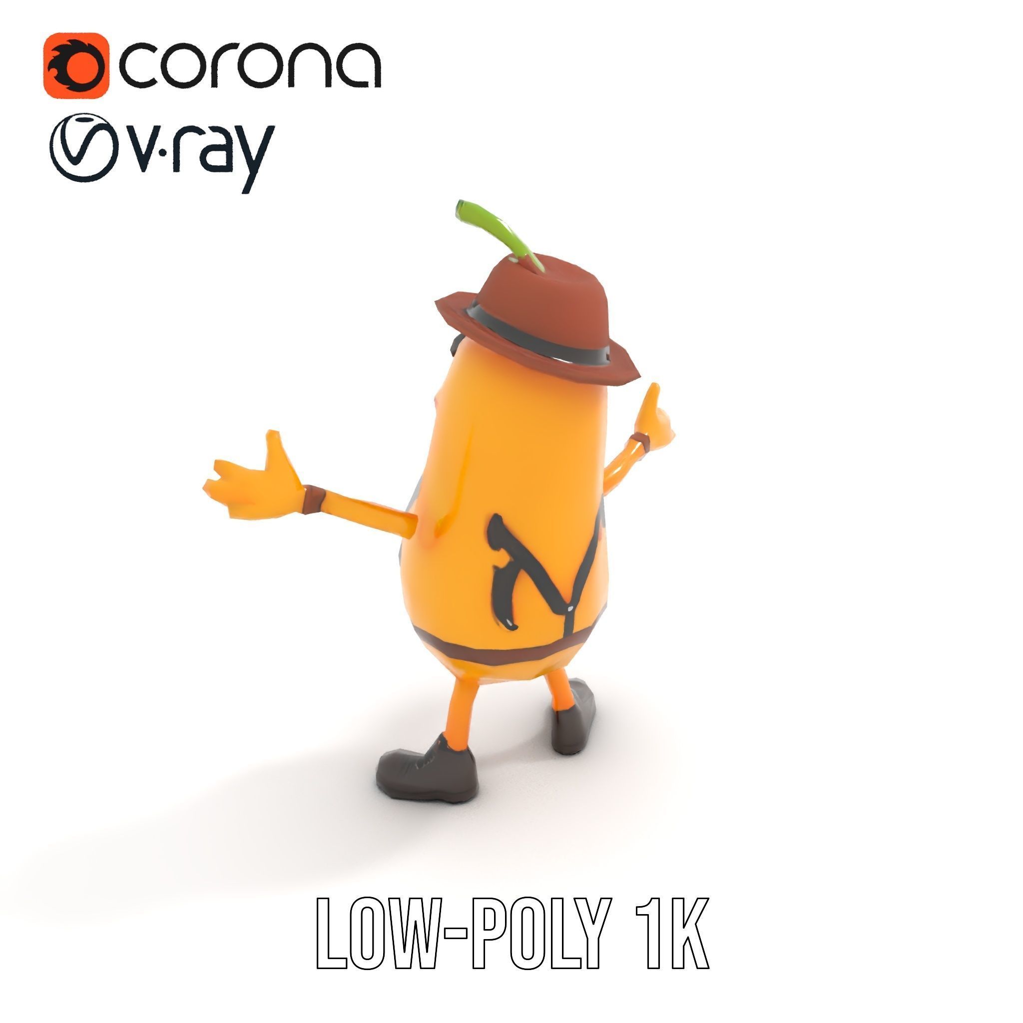 Animated and Rigged Happy Pear Character with Hat and Suspenders Low-poly 3D model_7