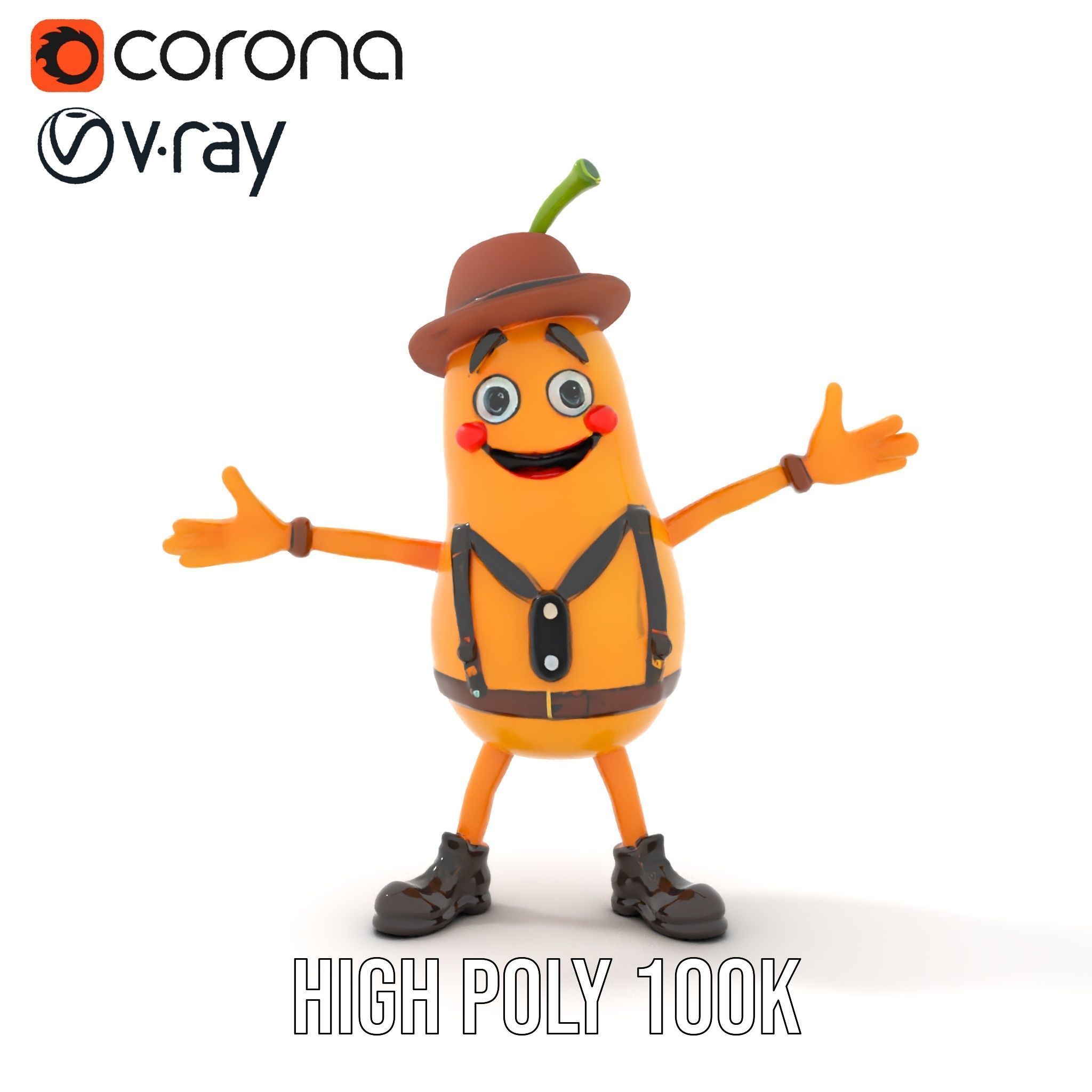 Animated and Rigged Happy Pear Character with Hat and Suspenders Low-poly 3D model_22