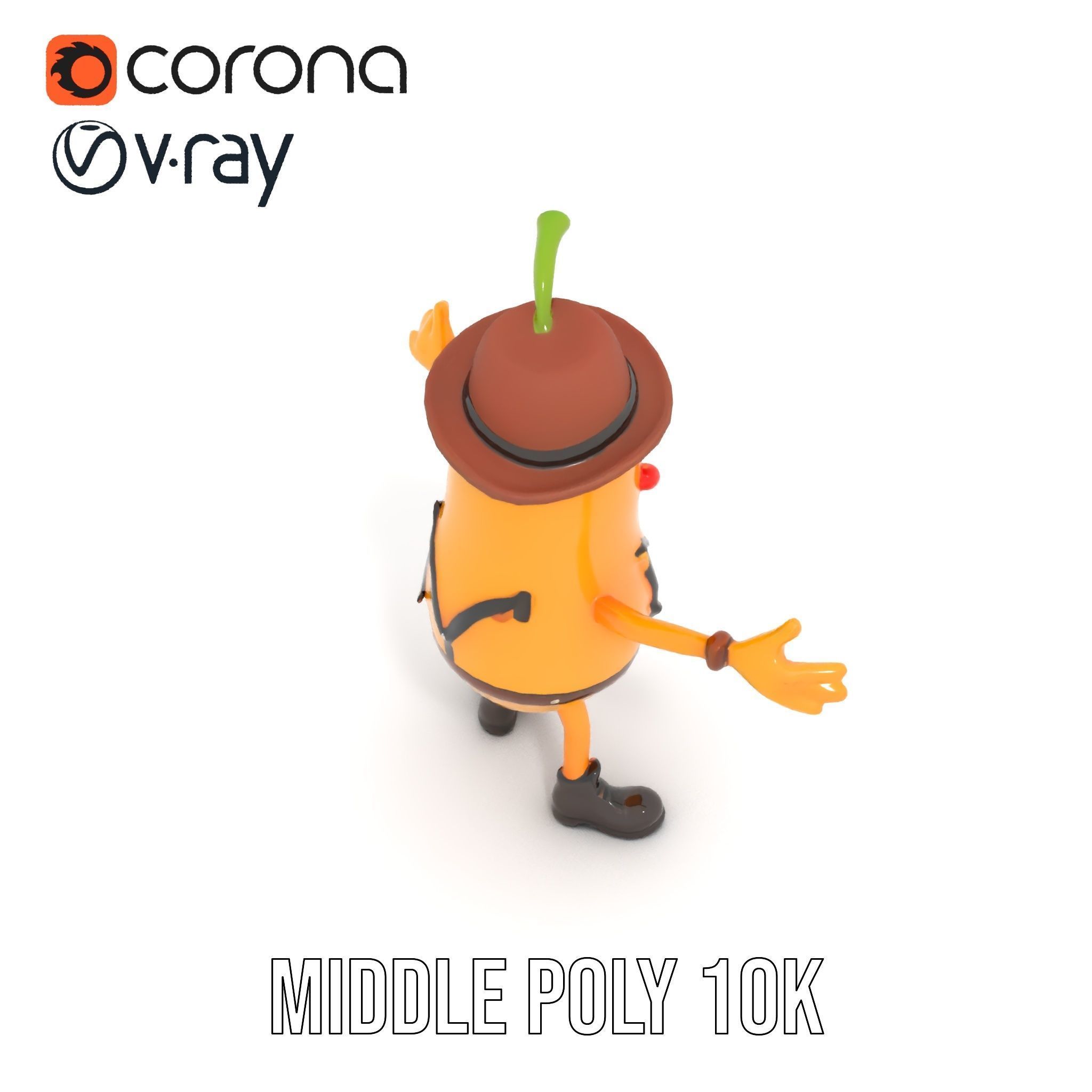 Animated and Rigged Happy Pear Character with Hat and Suspenders Low-poly 3D model_10