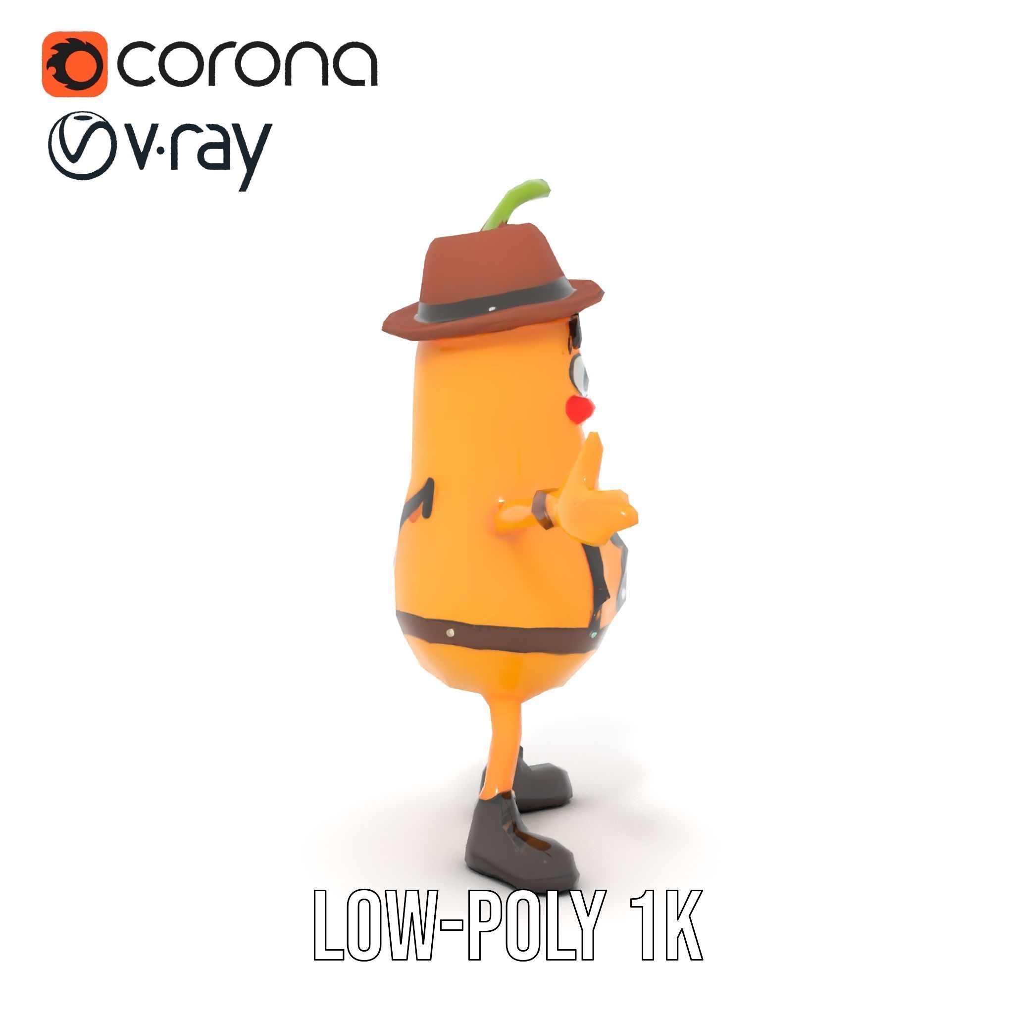Animated and Rigged Happy Pear Character with Hat and Suspenders Low-poly 3D model_14