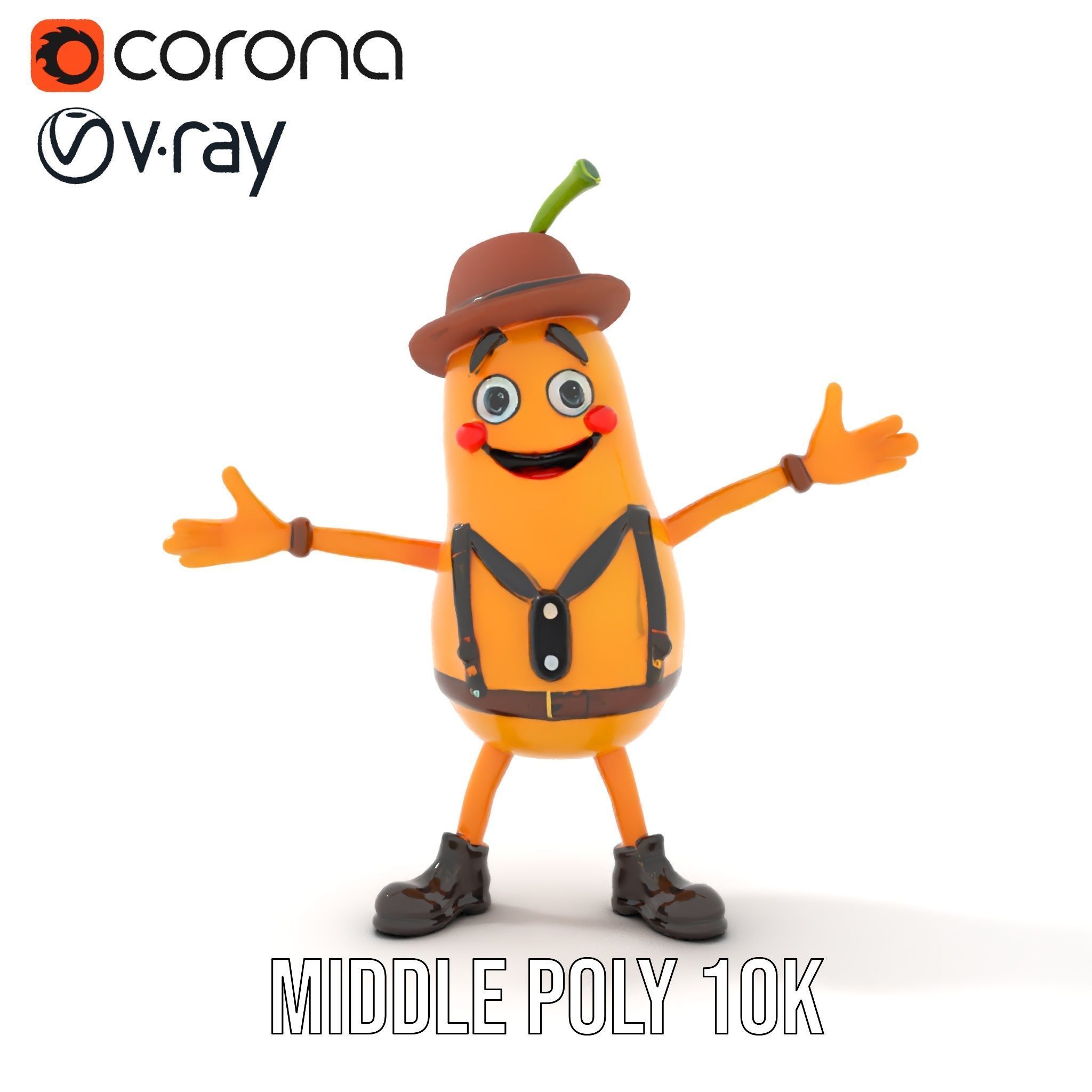 Animated and Rigged Happy Pear Character with Hat and Suspenders Low-poly 3D model_13