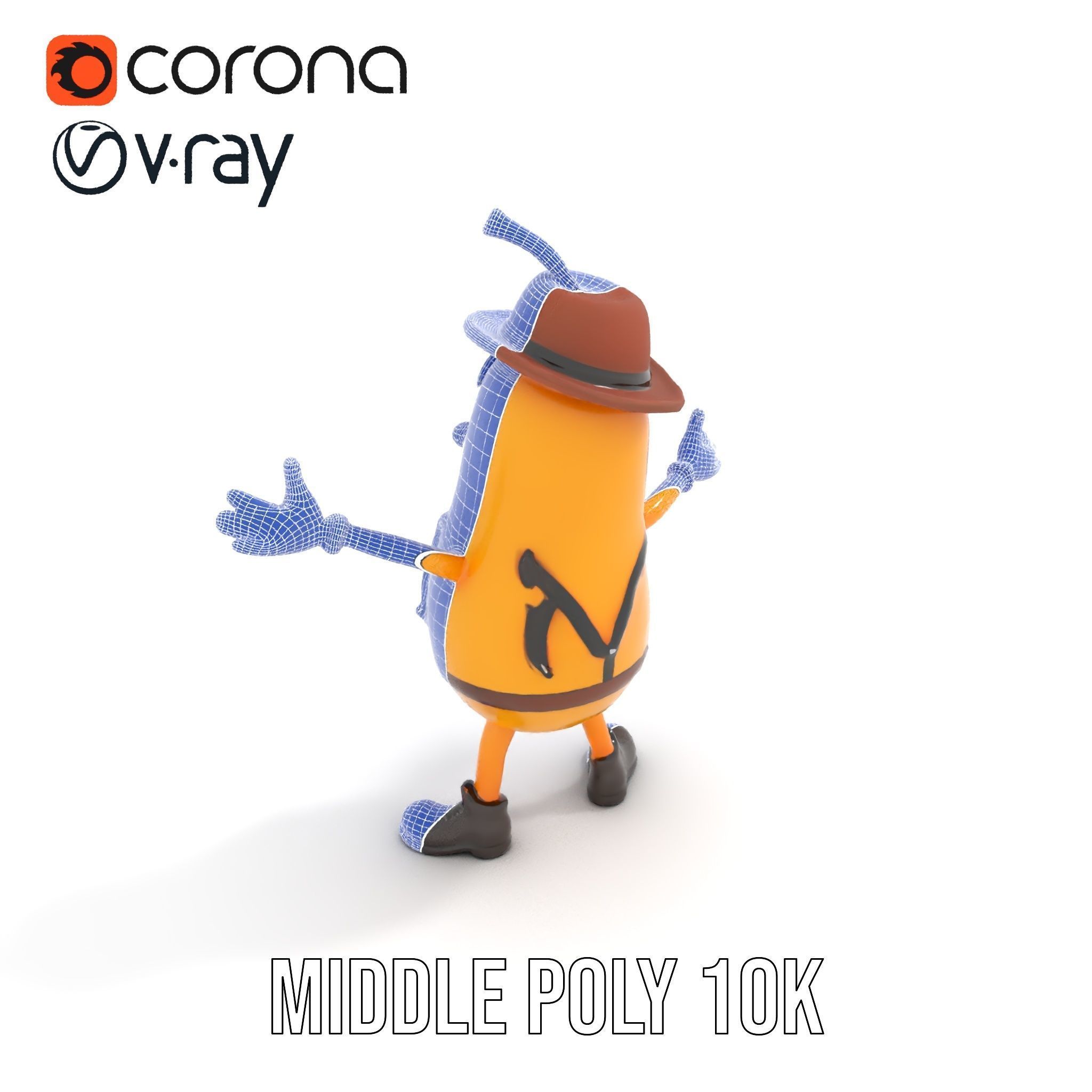Animated and Rigged Happy Pear Character with Hat and Suspenders Low-poly 3D model_26