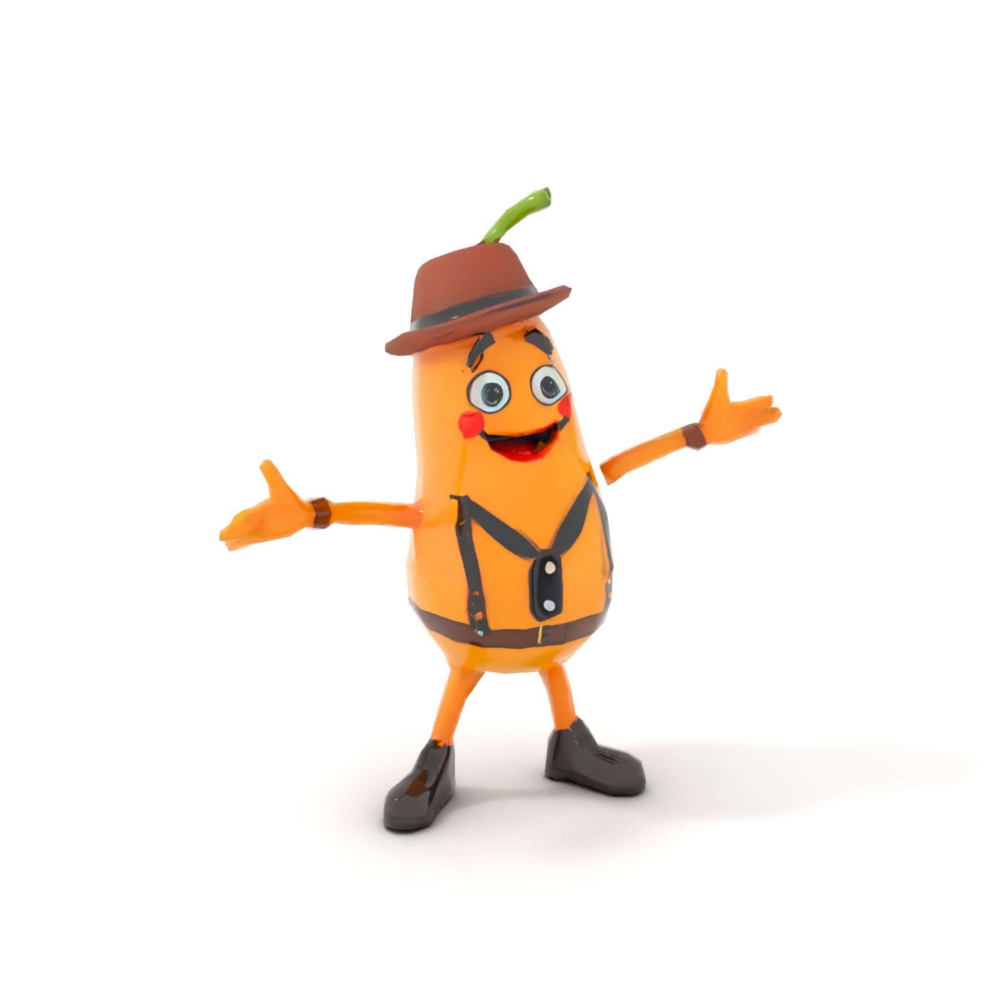 Animated and Rigged Happy Pear Character with Hat and Suspenders Low-poly 3D model_27