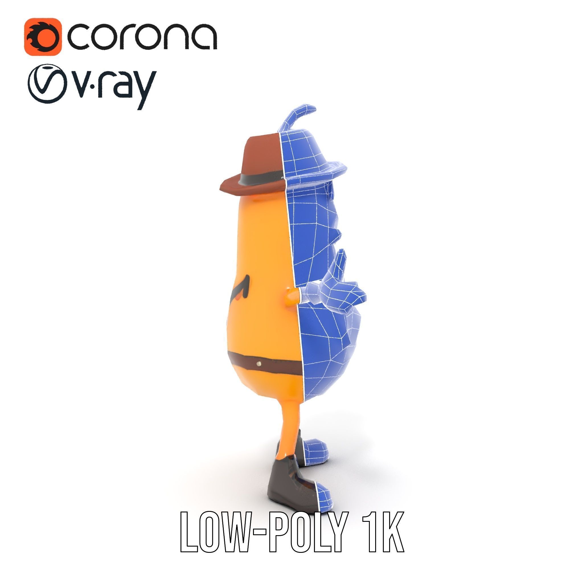 Animated and Rigged Happy Pear Character with Hat and Suspenders Low-poly 3D model_30