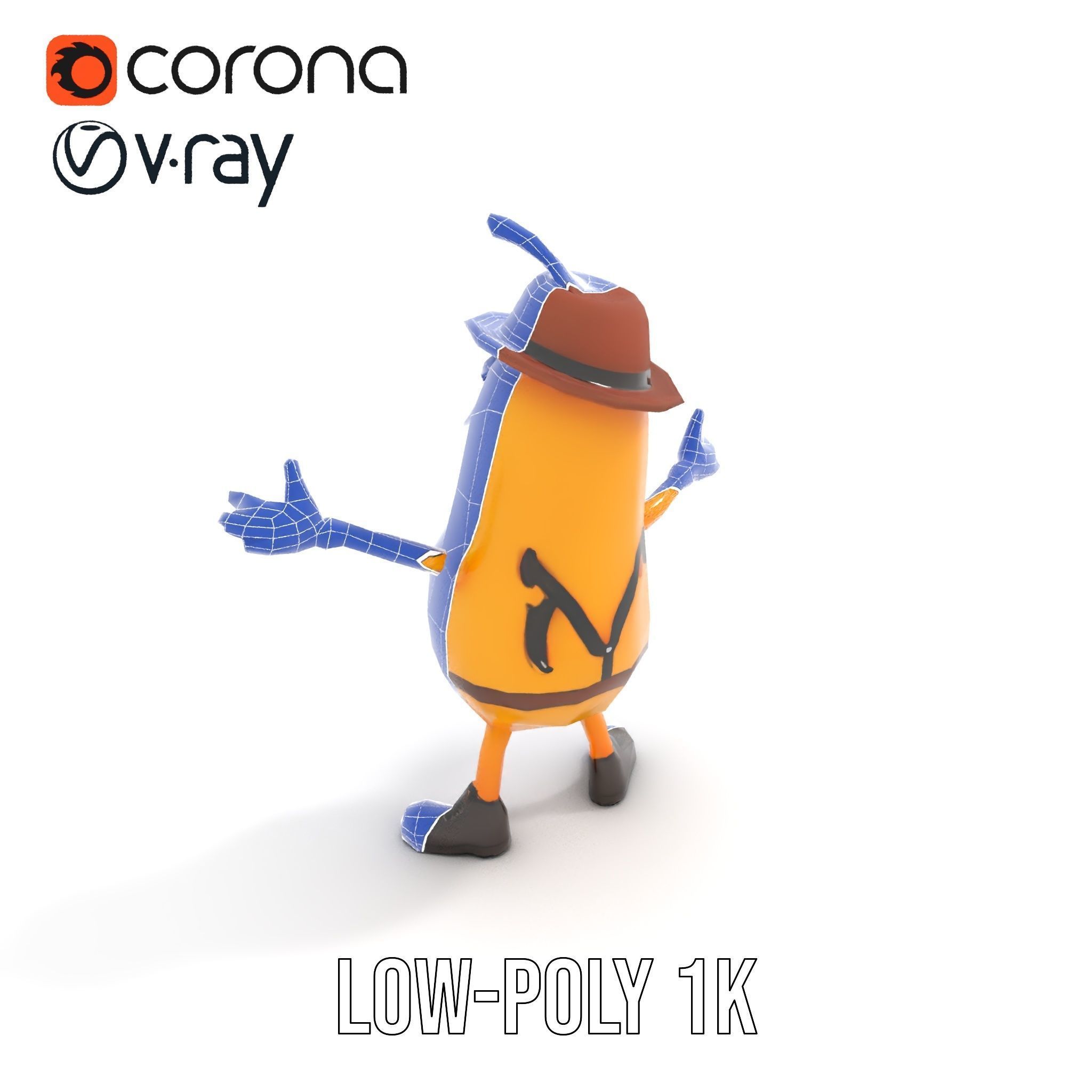 Animated and Rigged Happy Pear Character with Hat and Suspenders Low-poly 3D model_8