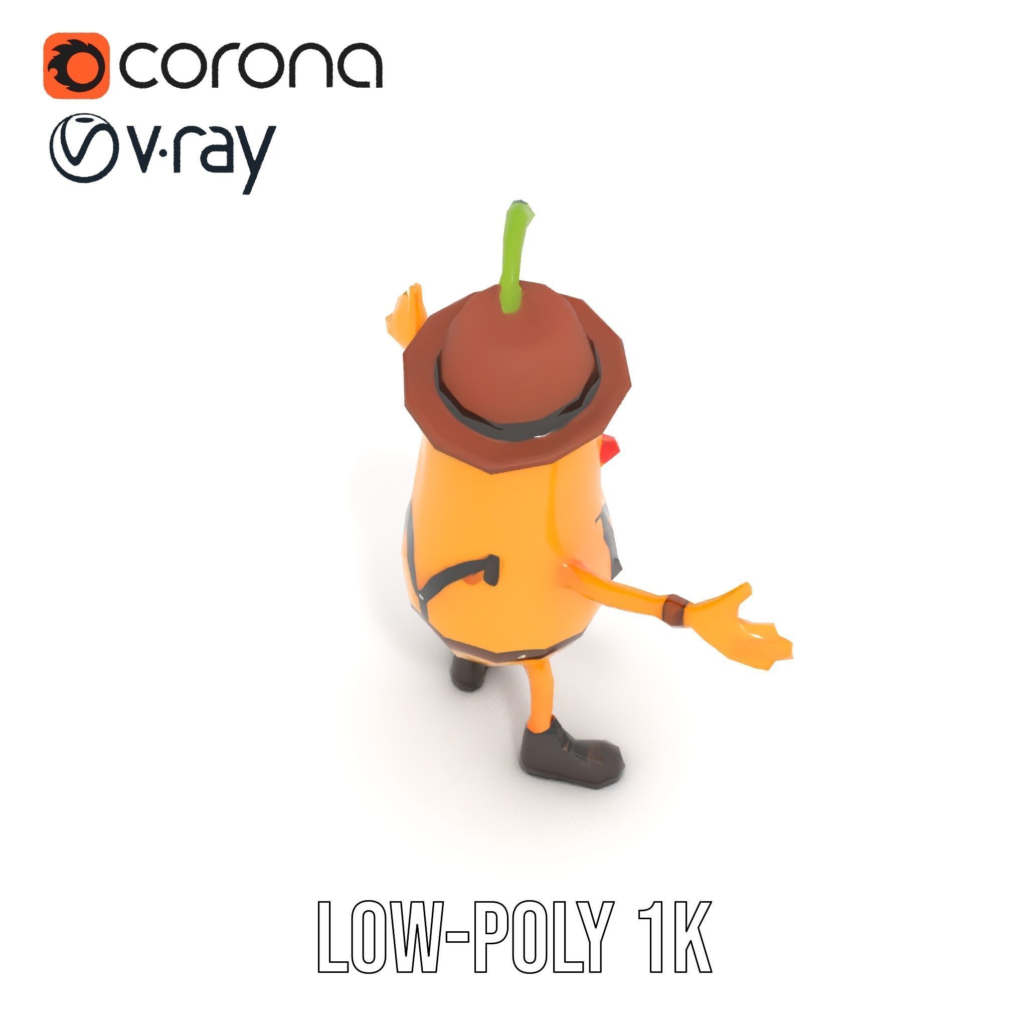 Animated and Rigged Happy Pear Character with Hat and Suspenders Low-poly 3D model_19