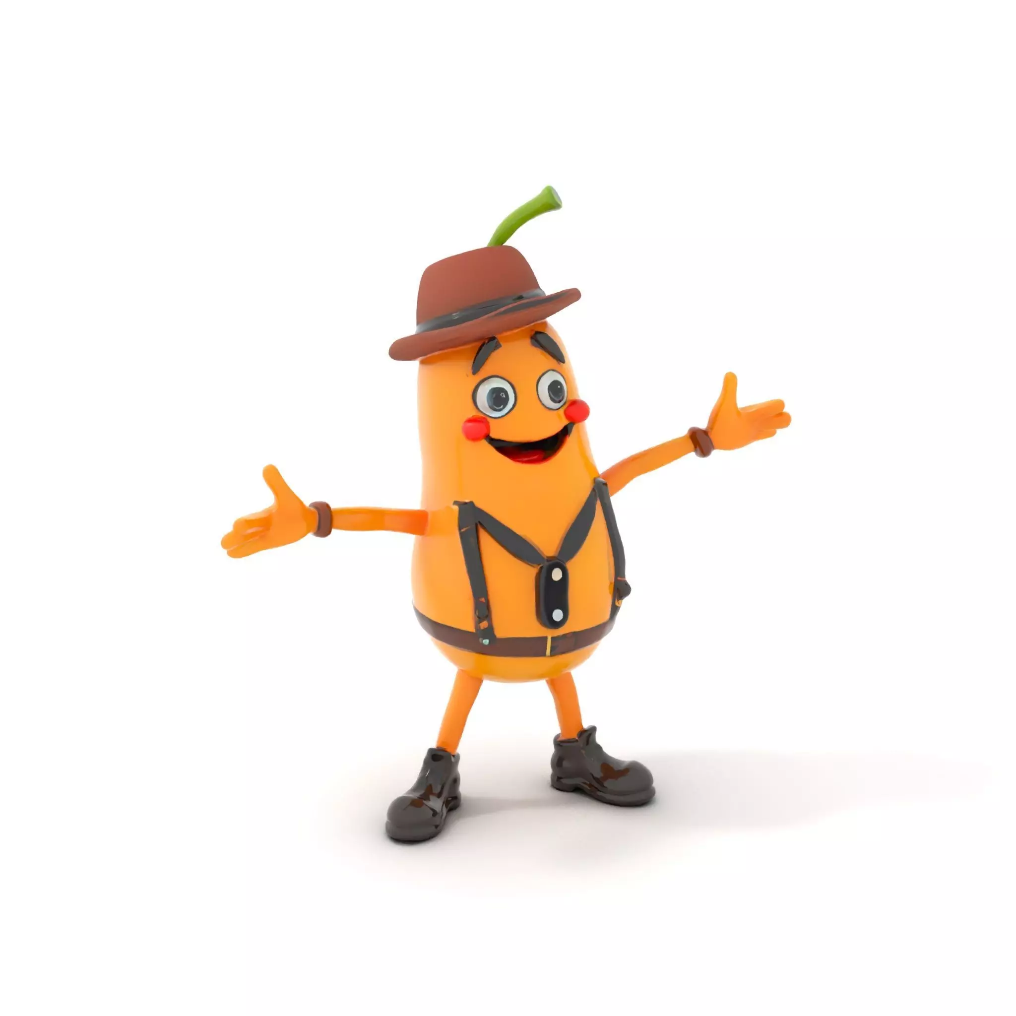 Animated and Rigged Happy Pear Character with Hat and Suspenders Low-poly 3D model_0