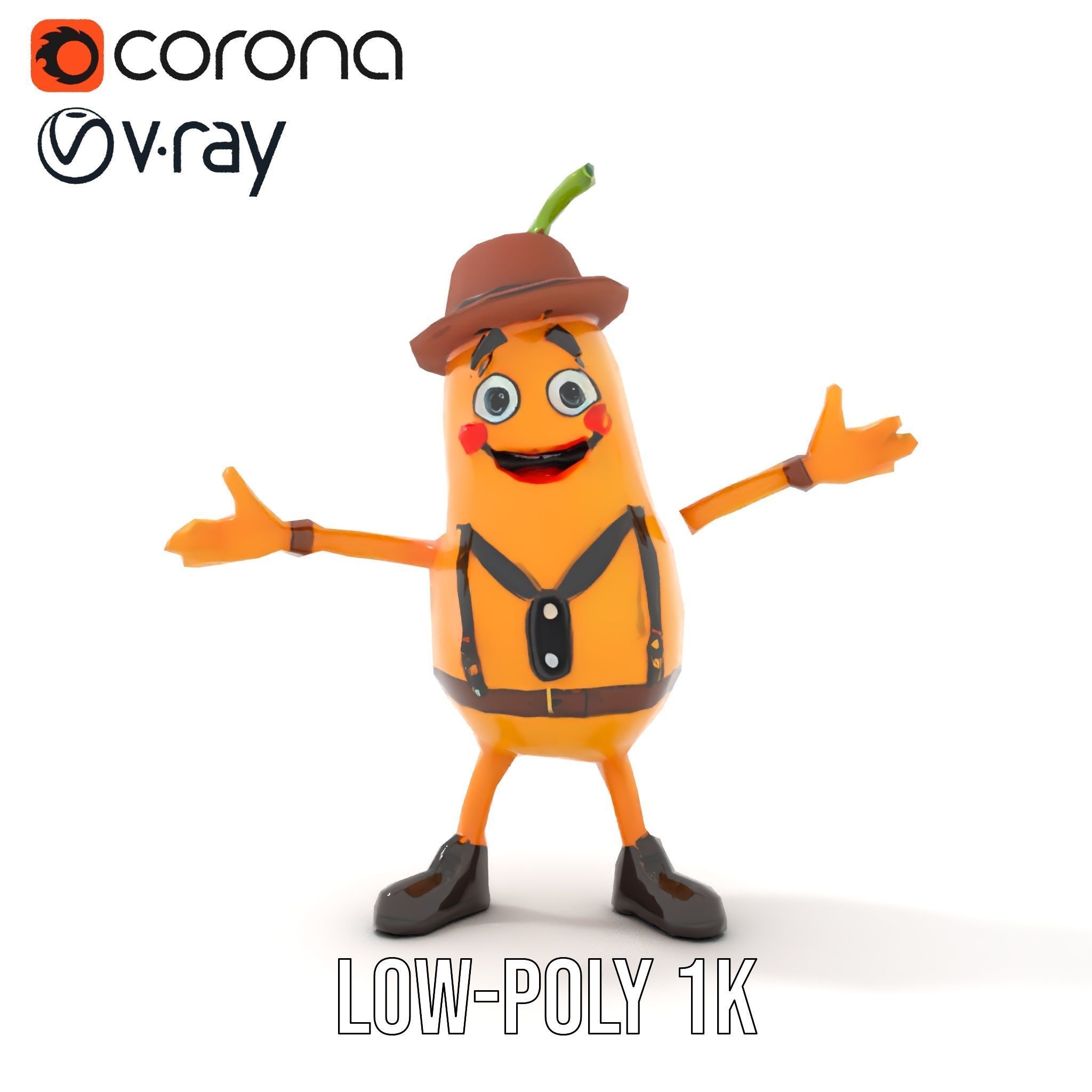 Animated and Rigged Happy Pear Character with Hat and Suspenders Low-poly 3D model_11