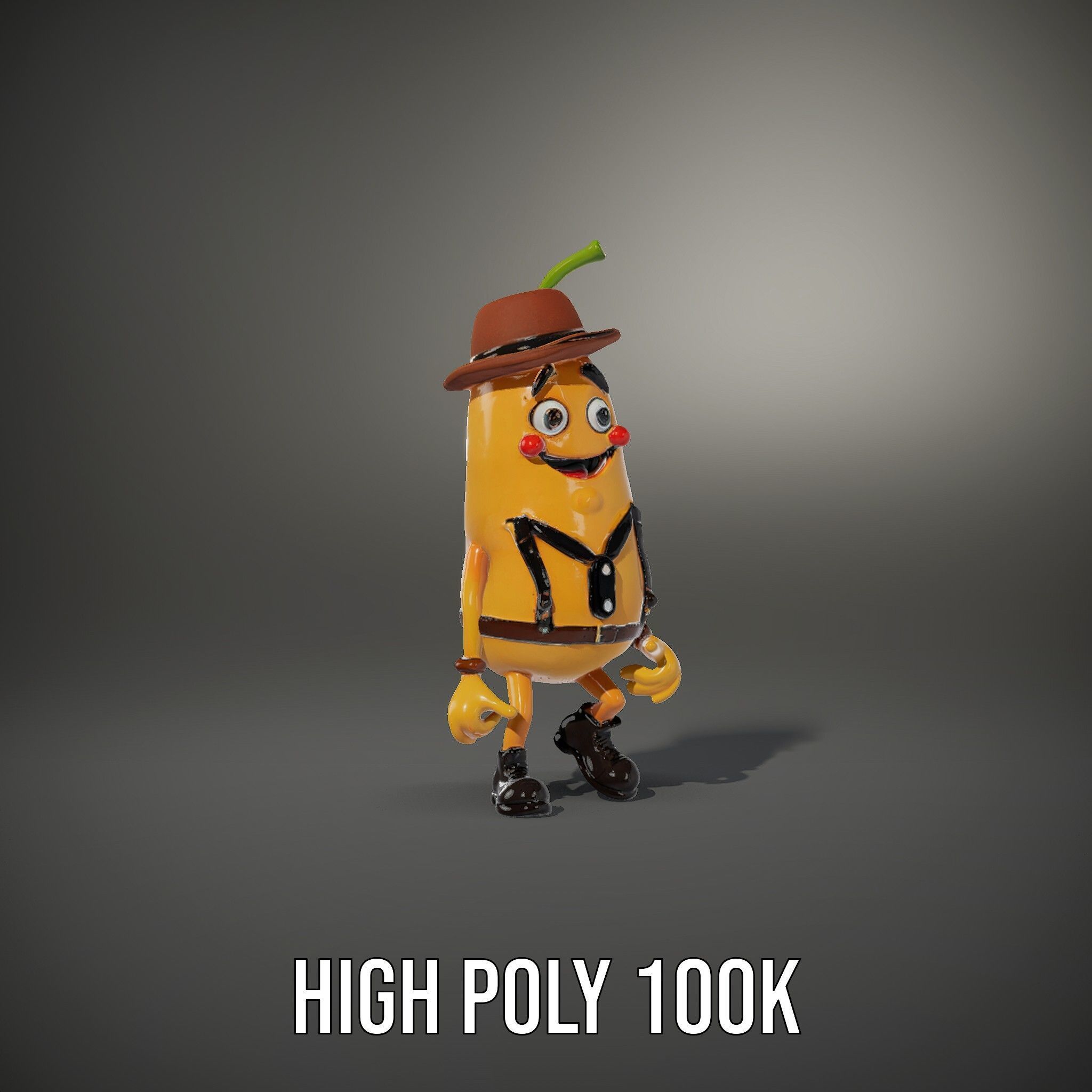 Animated and Rigged Happy Pear Character with Hat and Suspenders Low-poly 3D model_15