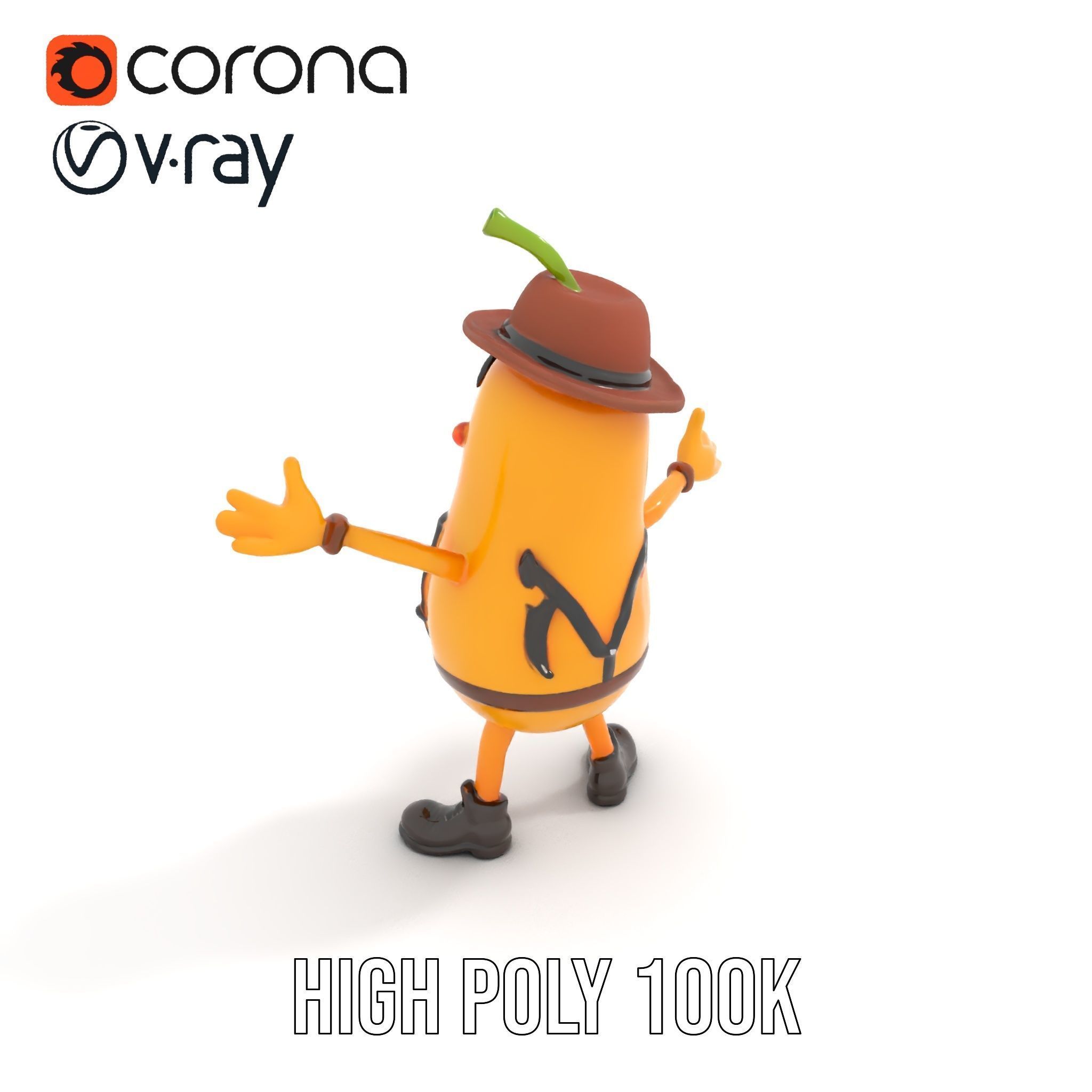 Animated and Rigged Happy Pear Character with Hat and Suspenders Low-poly 3D model_9