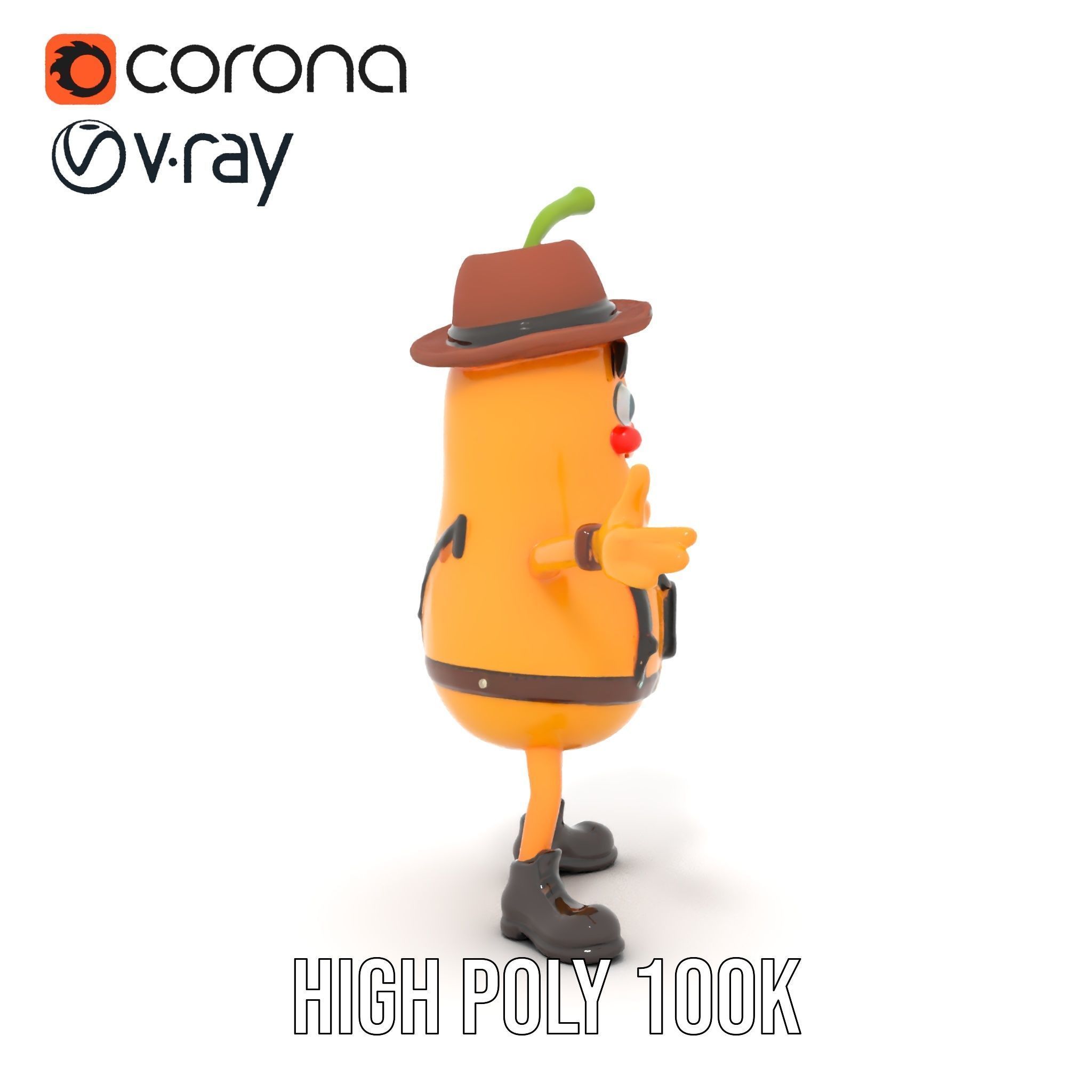 Animated and Rigged Happy Pear Character with Hat and Suspenders Low-poly 3D model_28