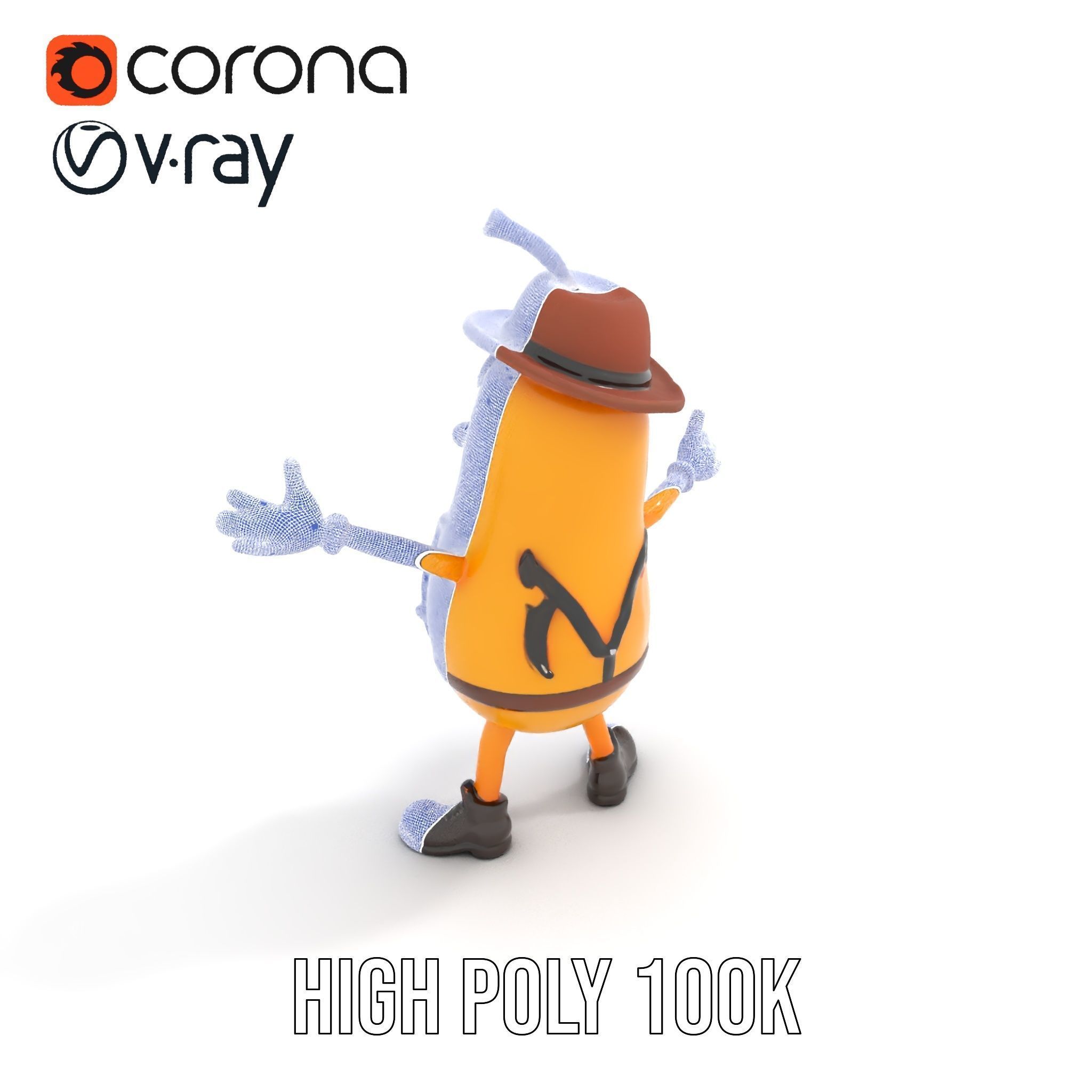 Animated and Rigged Happy Pear Character with Hat and Suspenders Low-poly 3D model_31