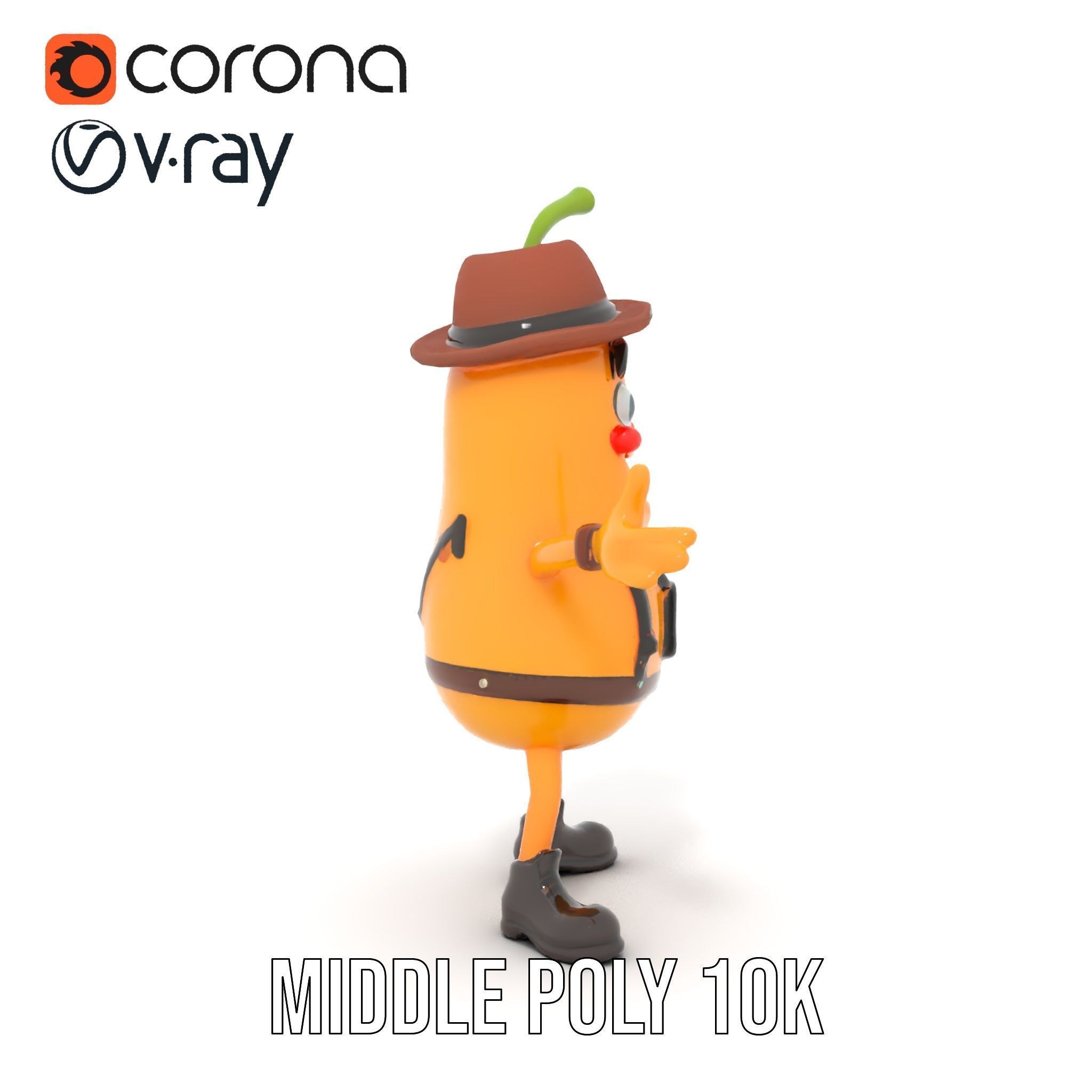 Animated and Rigged Happy Pear Character with Hat and Suspenders Low-poly 3D model_16