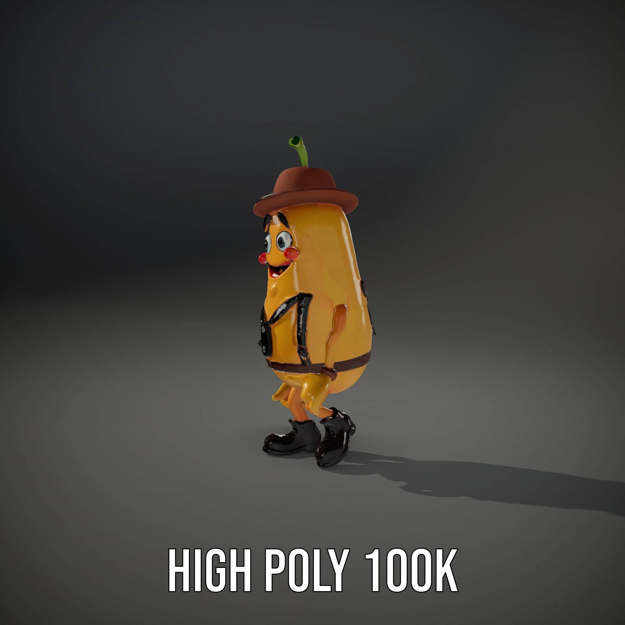 Animated and Rigged Happy Pear Character with Hat and Suspenders Low-poly 3D model_25