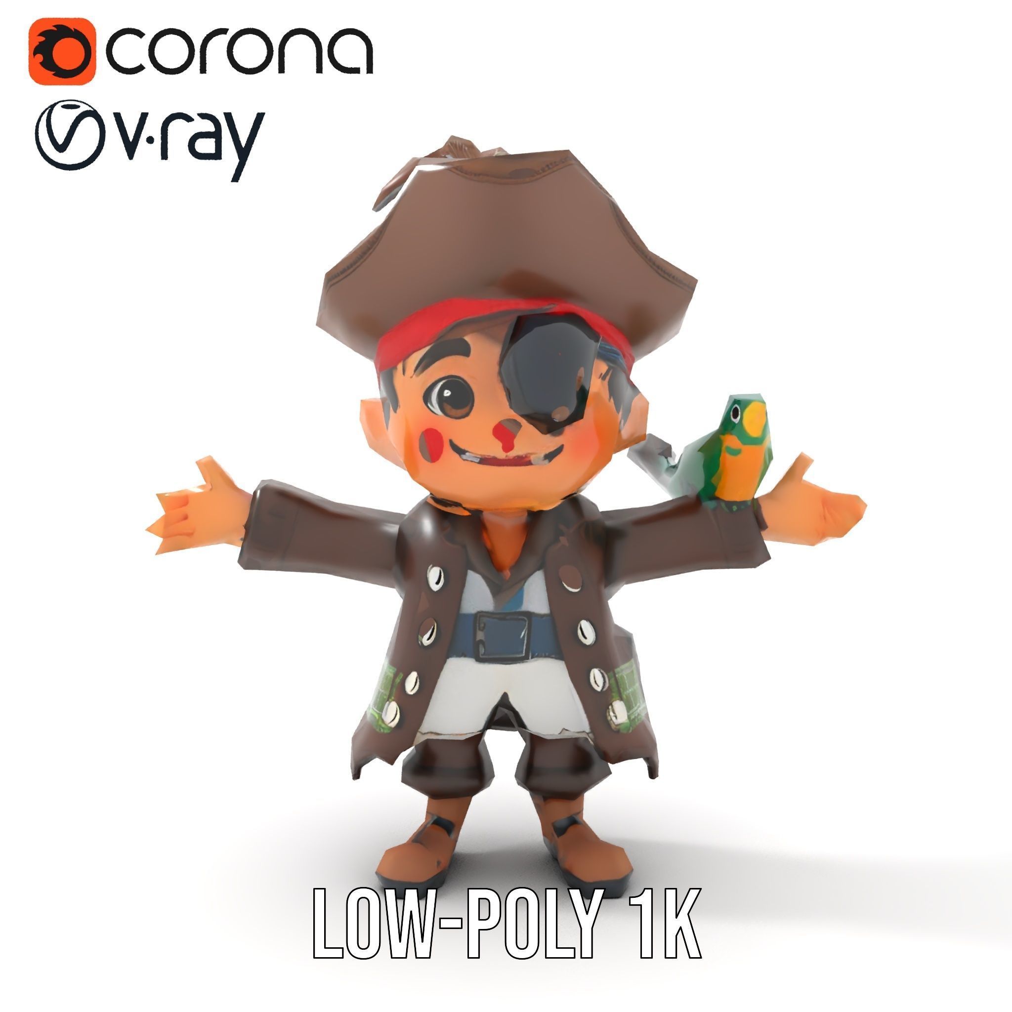 Charming Pirate Kid with Parrot Rigged and Animated Low-poly 3D model_16