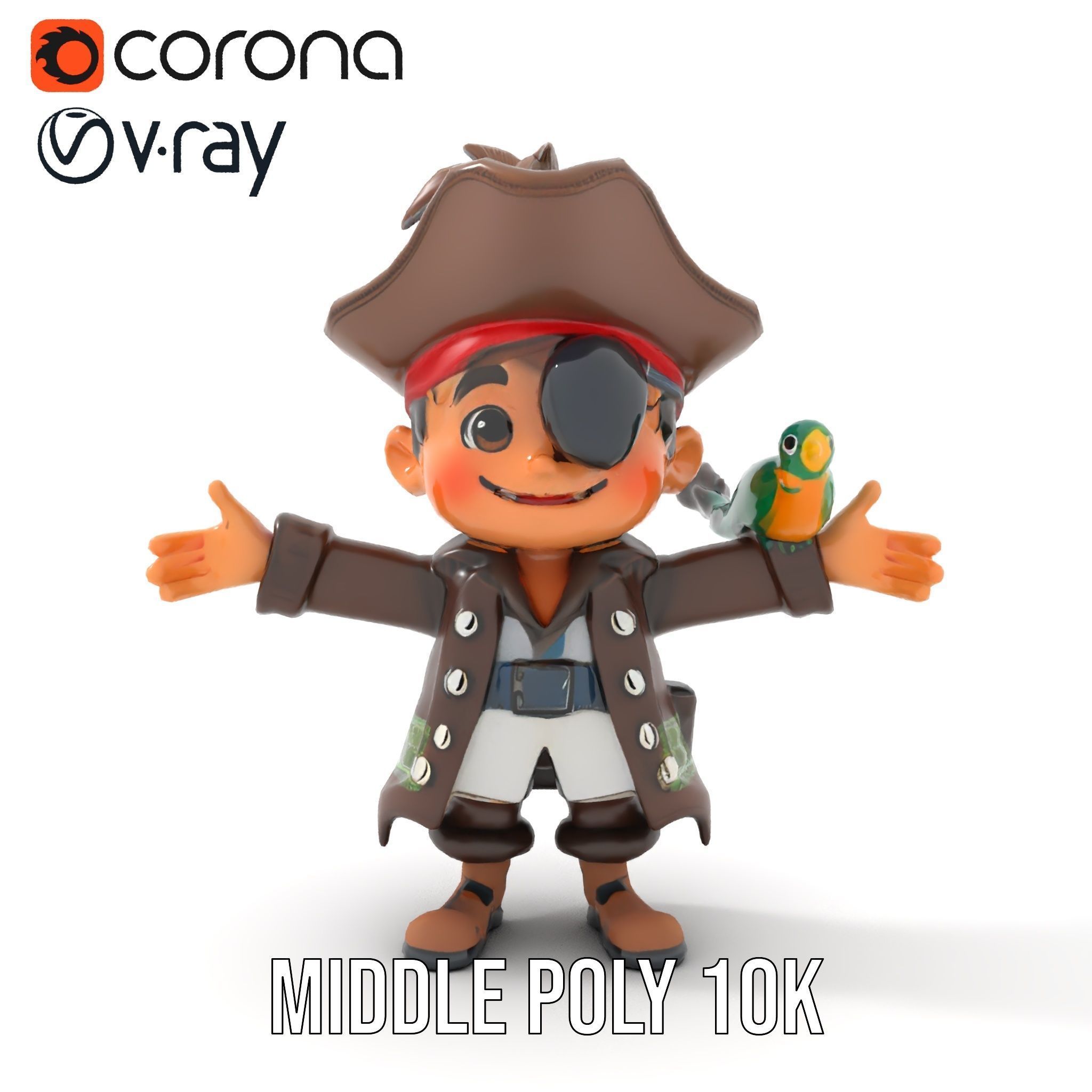 Charming Pirate Kid with Parrot Rigged and Animated Low-poly 3D model_12