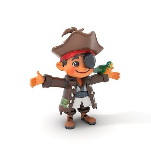 Charming Pirate Kid with Parrot Rigged and Animated Low-poly 3D model