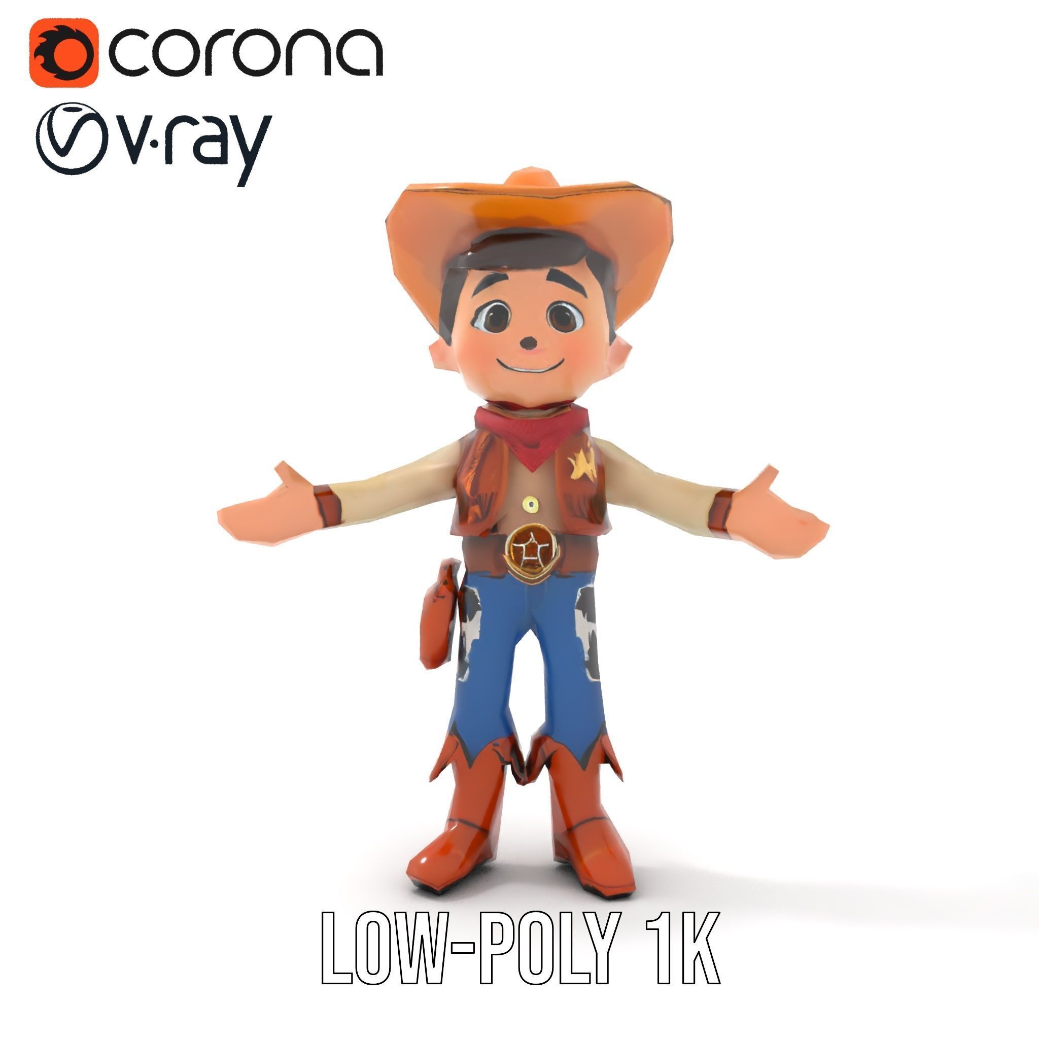 Young Cowboy Character Model  Rigged and Animated for Games Low-poly 3D model_11