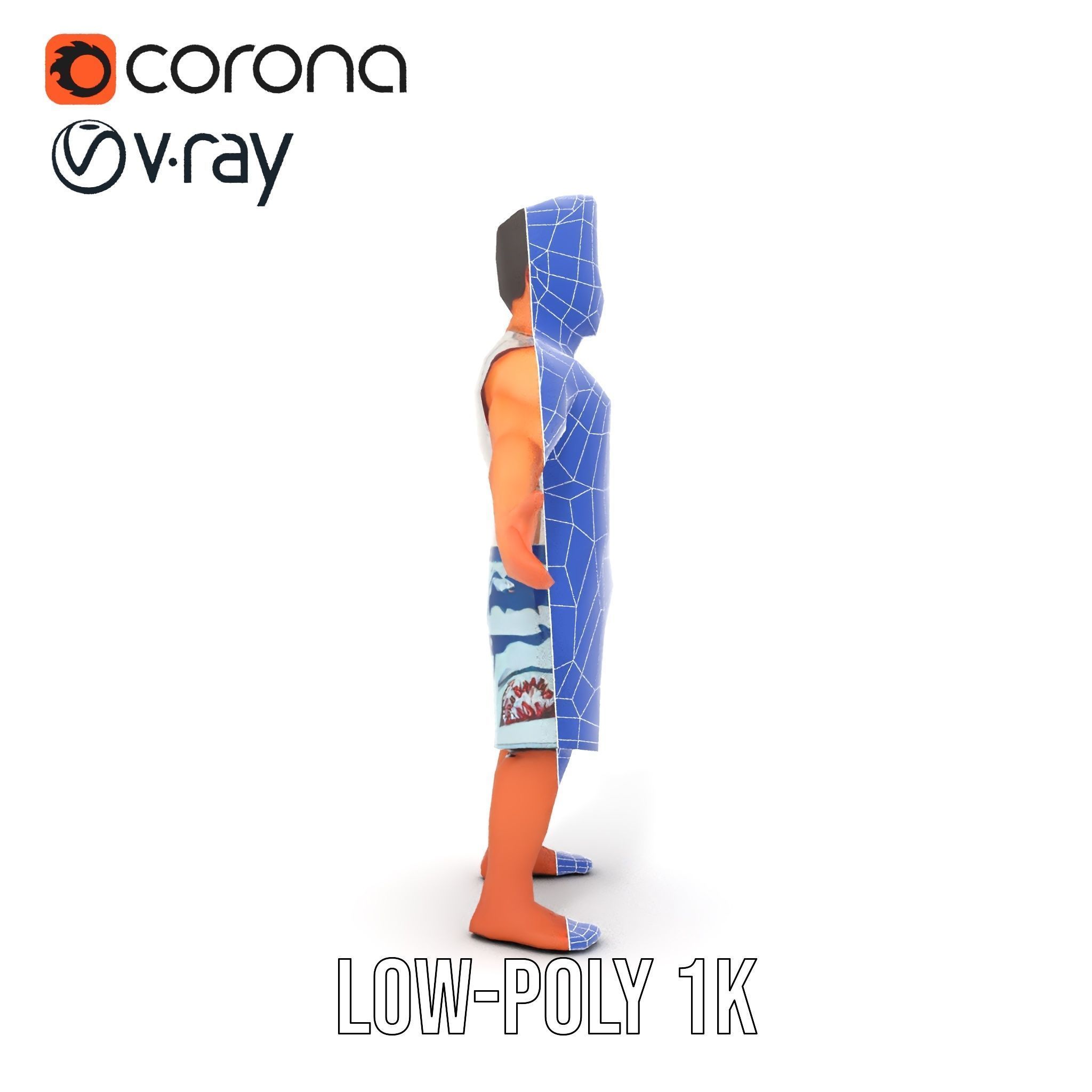 Surf Dude in Shark Shorts Rigged and Animated Character Model Low-poly 3D model_19