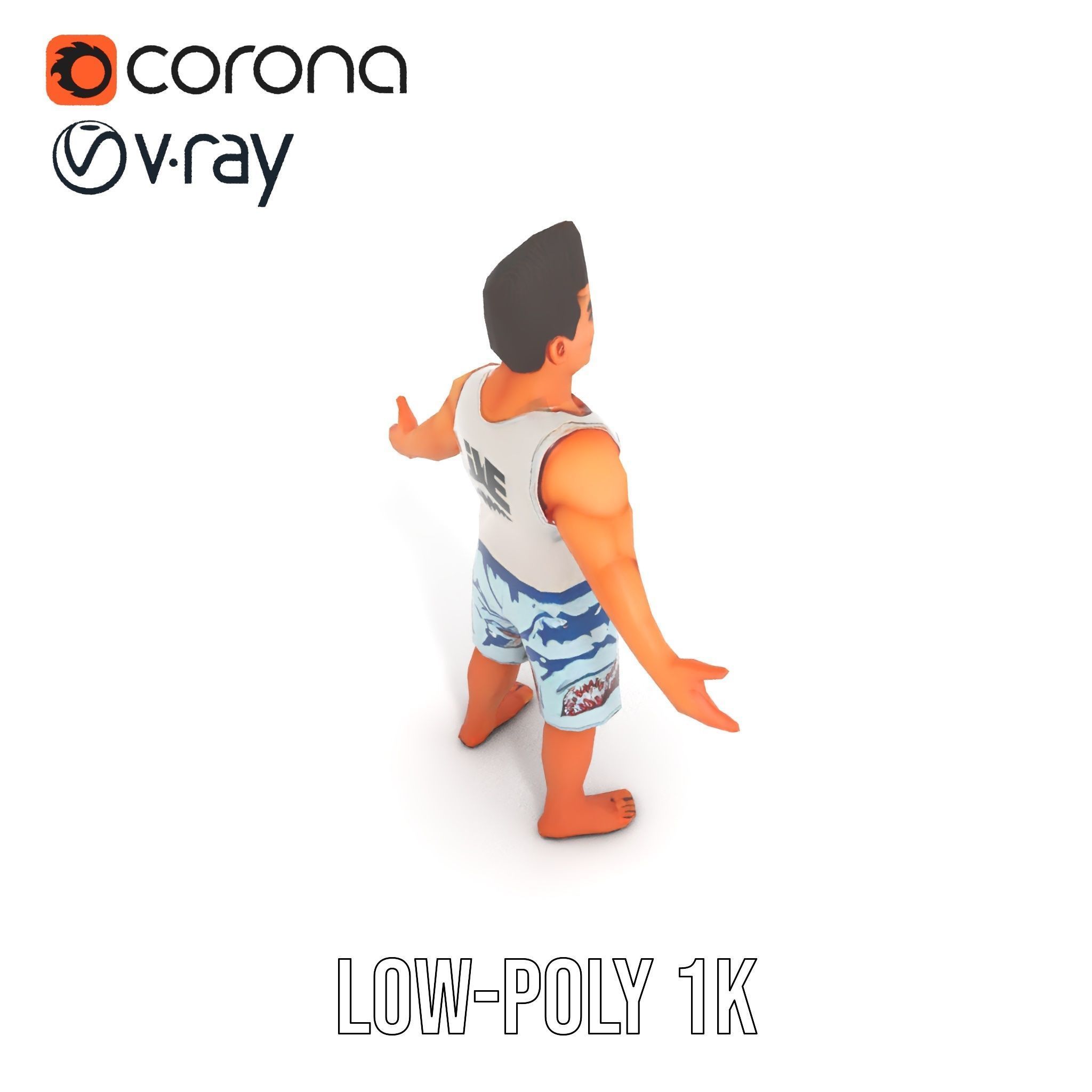 Surf Dude in Shark Shorts Rigged and Animated Character Model Low-poly 3D model_25