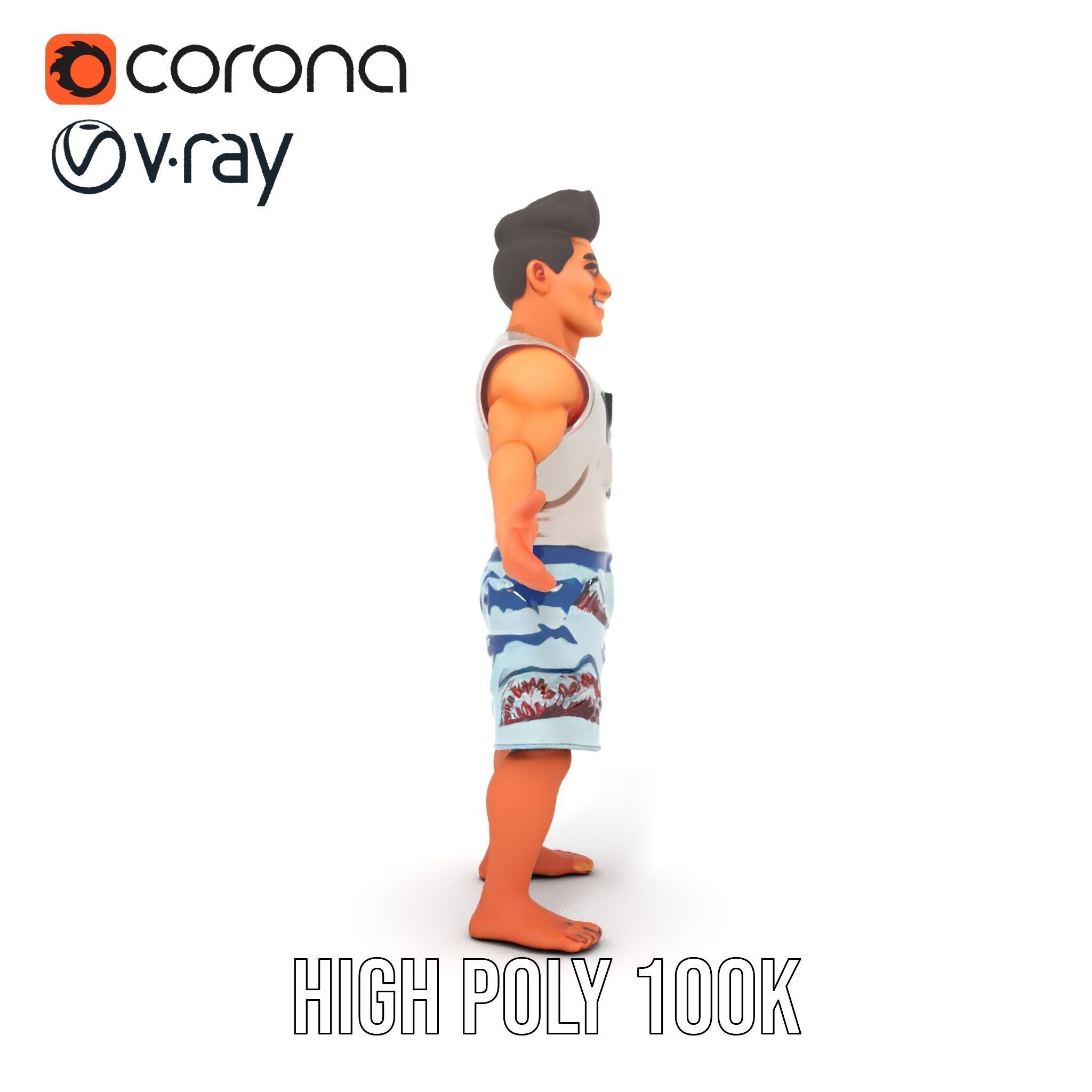 Surf Dude in Shark Shorts Rigged and Animated Character Model Low-poly 3D model_20