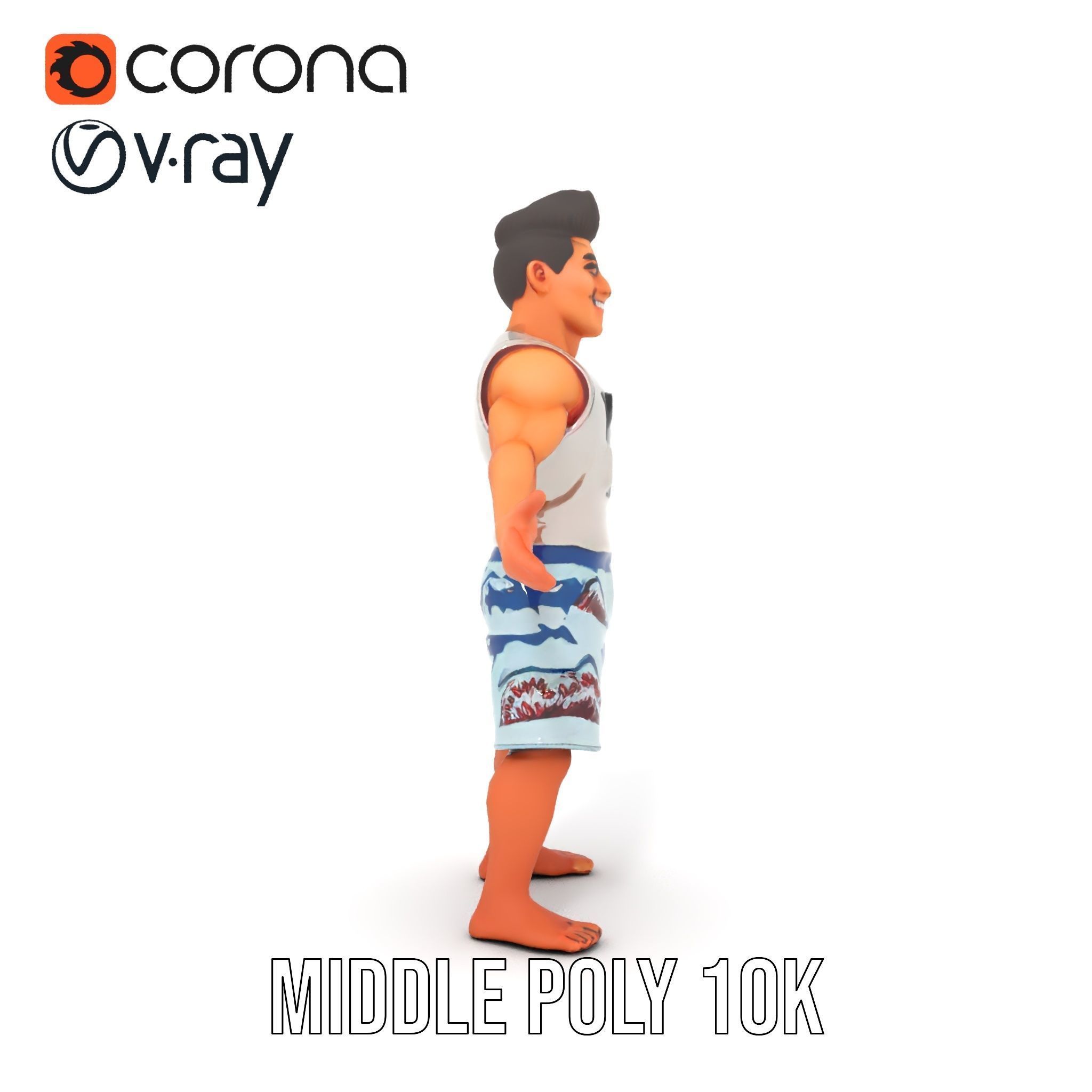 Surf Dude in Shark Shorts Rigged and Animated Character Model Low-poly 3D model_29