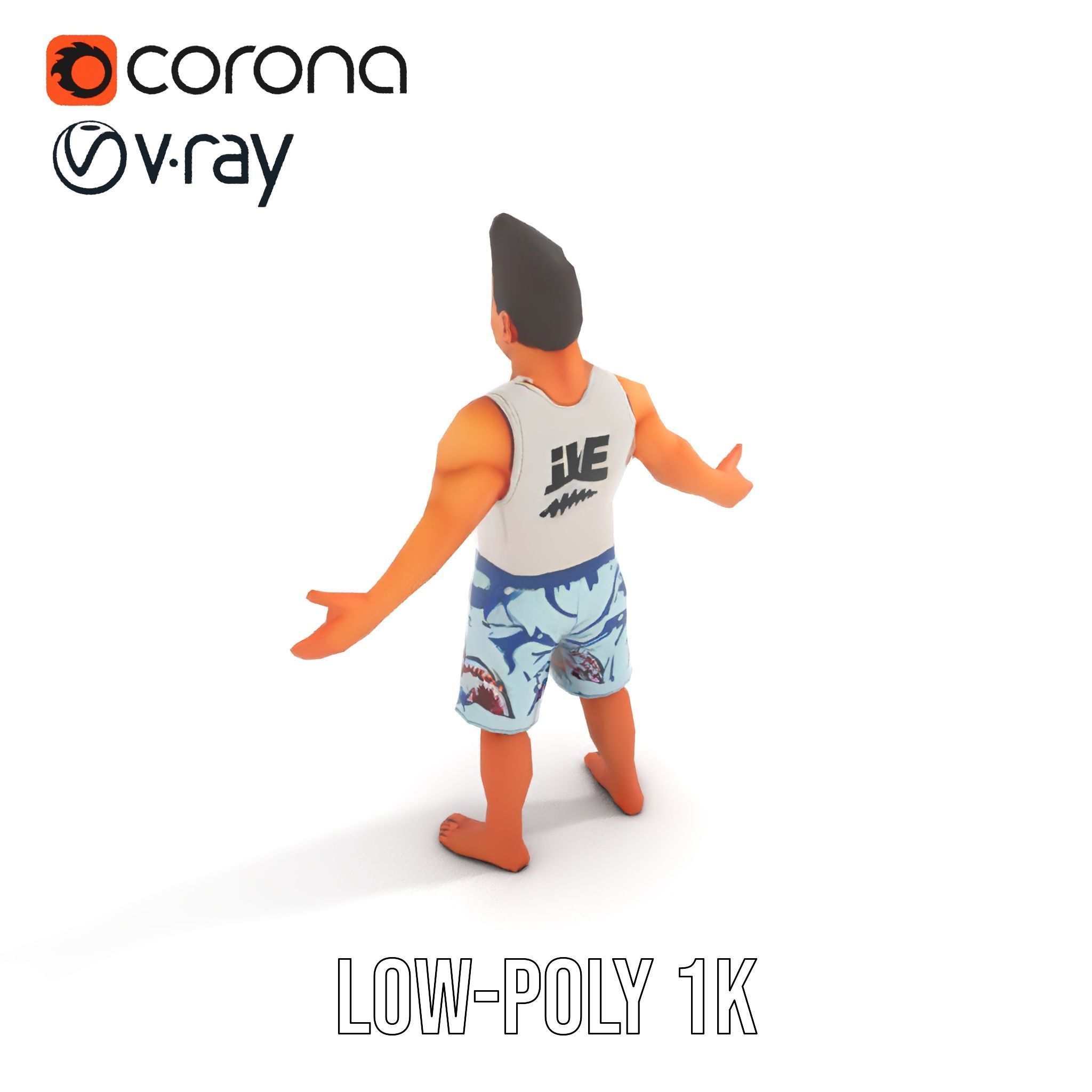 Surf Dude in Shark Shorts Rigged and Animated Character Model Low-poly 3D model_22
