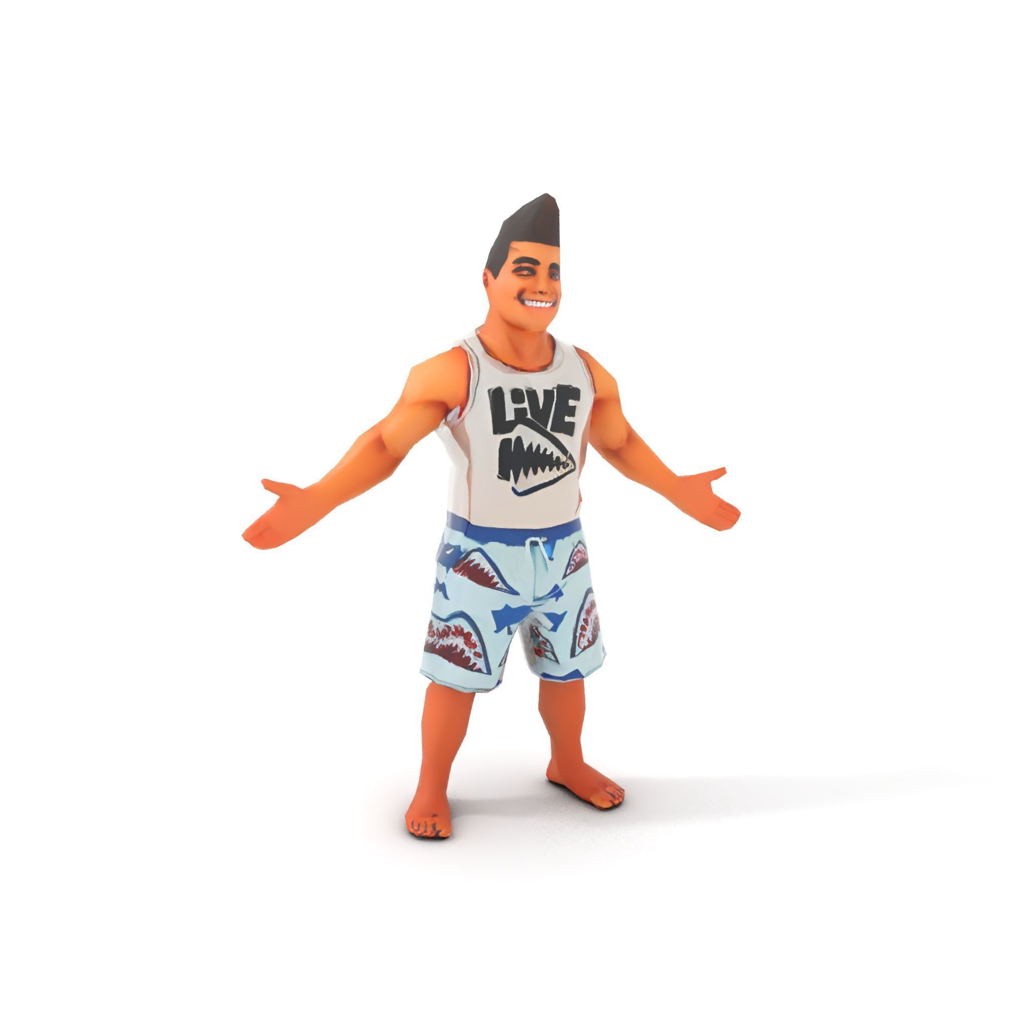 Surf Dude in Shark Shorts Rigged and Animated Character Model Low-poly 3D model_7