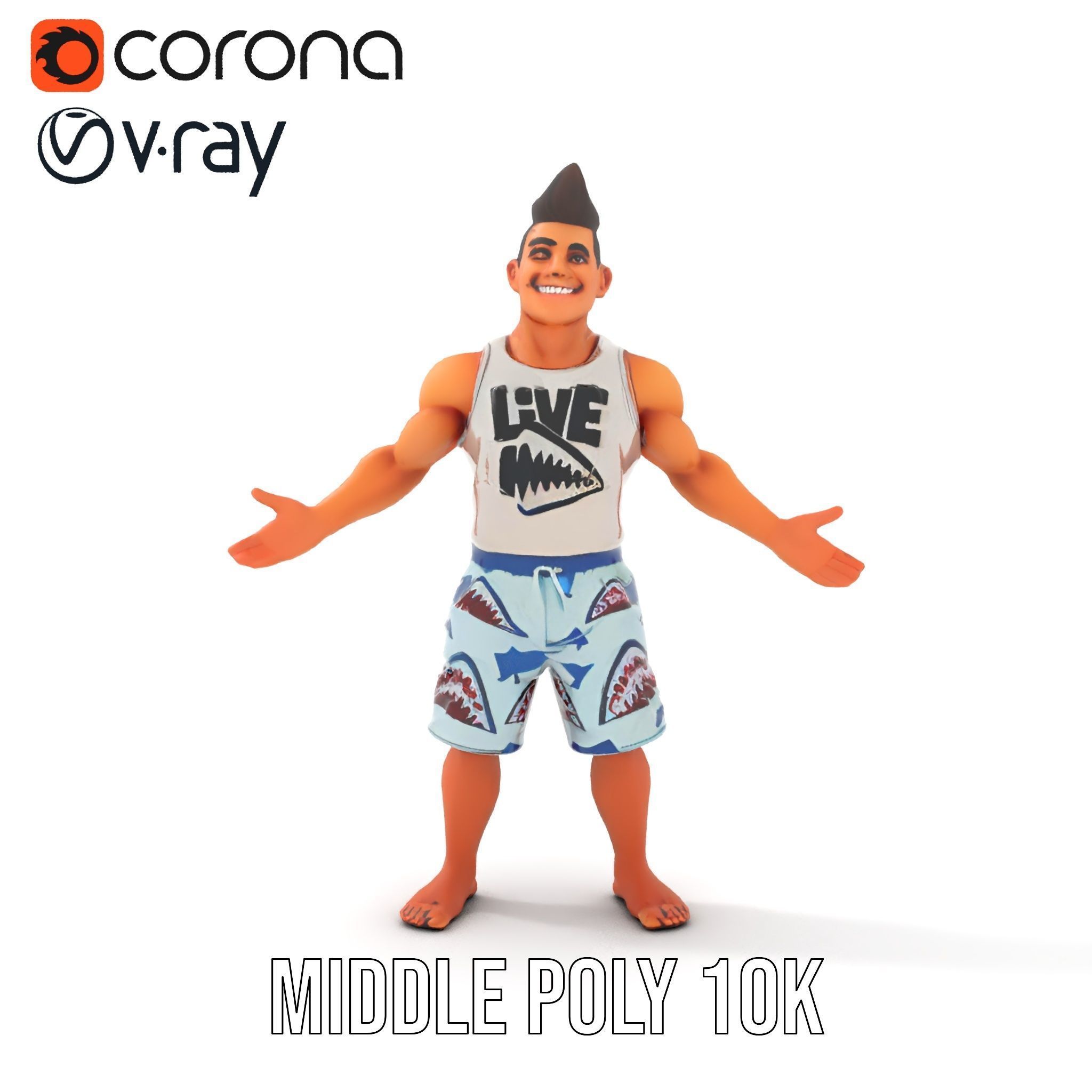 Surf Dude in Shark Shorts Rigged and Animated Character Model Low-poly 3D model_9