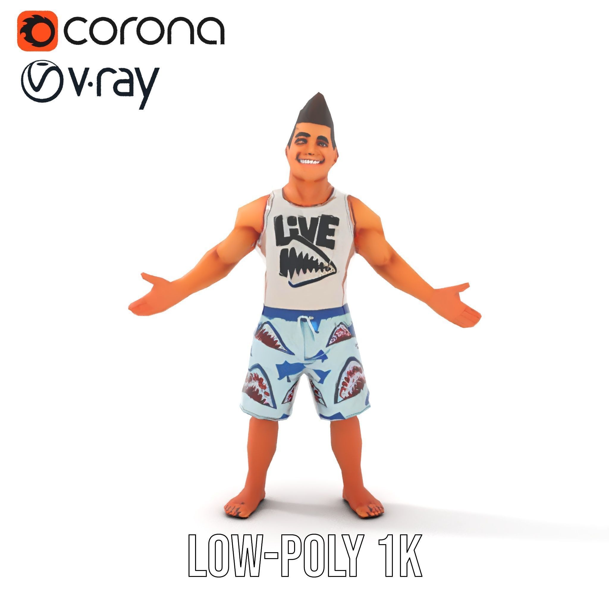 Surf Dude in Shark Shorts Rigged and Animated Character Model Low-poly 3D model_30