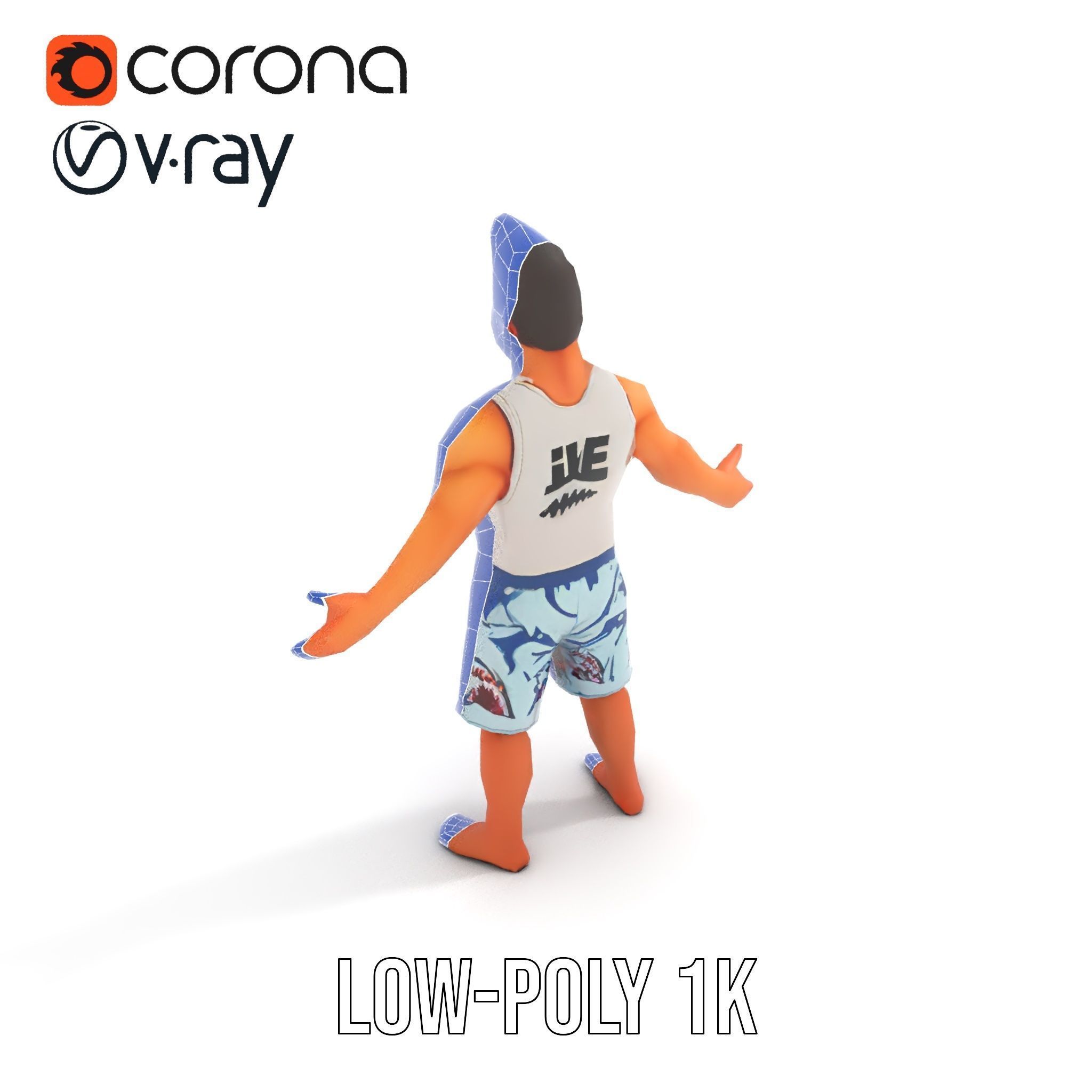 Surf Dude in Shark Shorts Rigged and Animated Character Model Low-poly 3D model_8