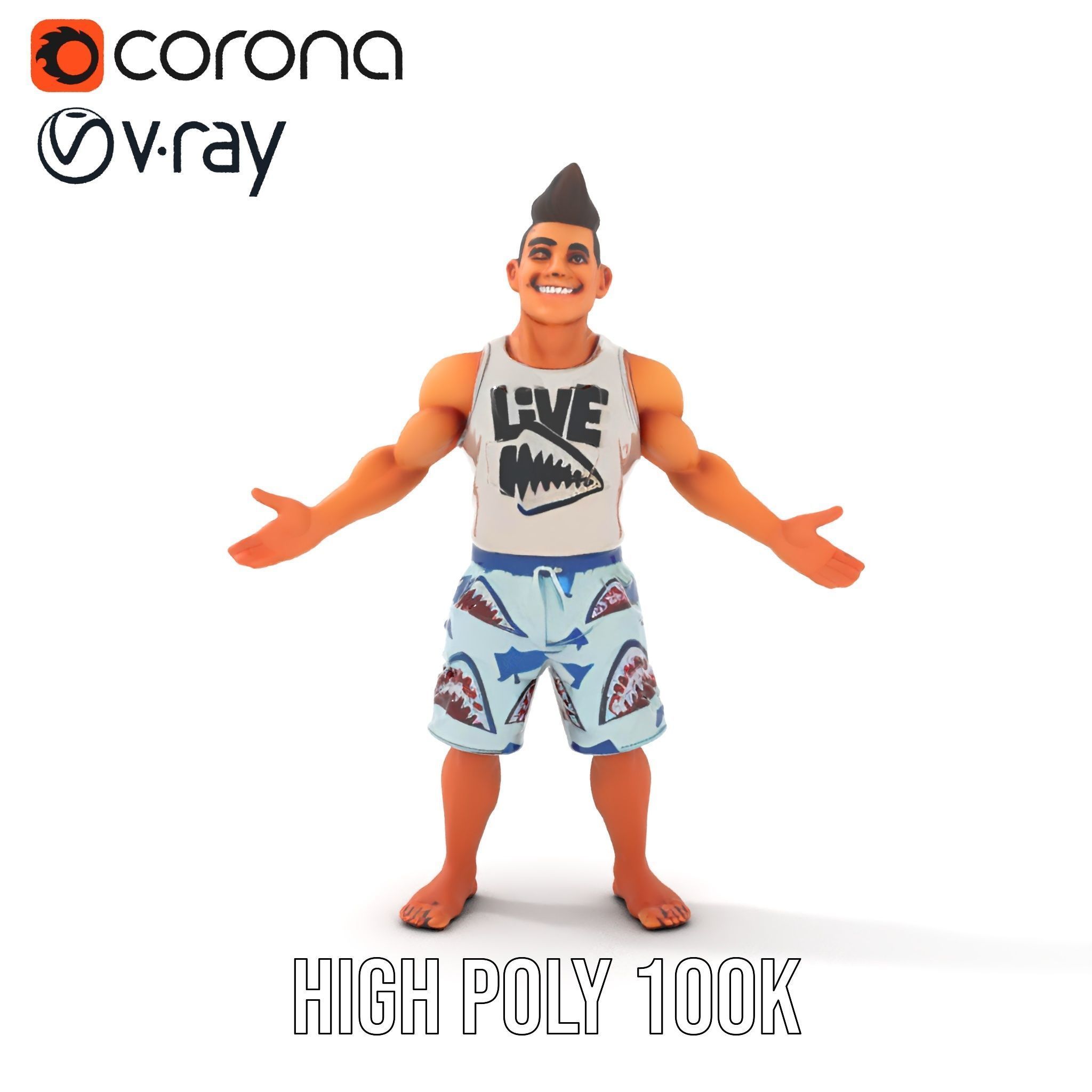 Surf Dude in Shark Shorts Rigged and Animated Character Model Low-poly 3D model_11