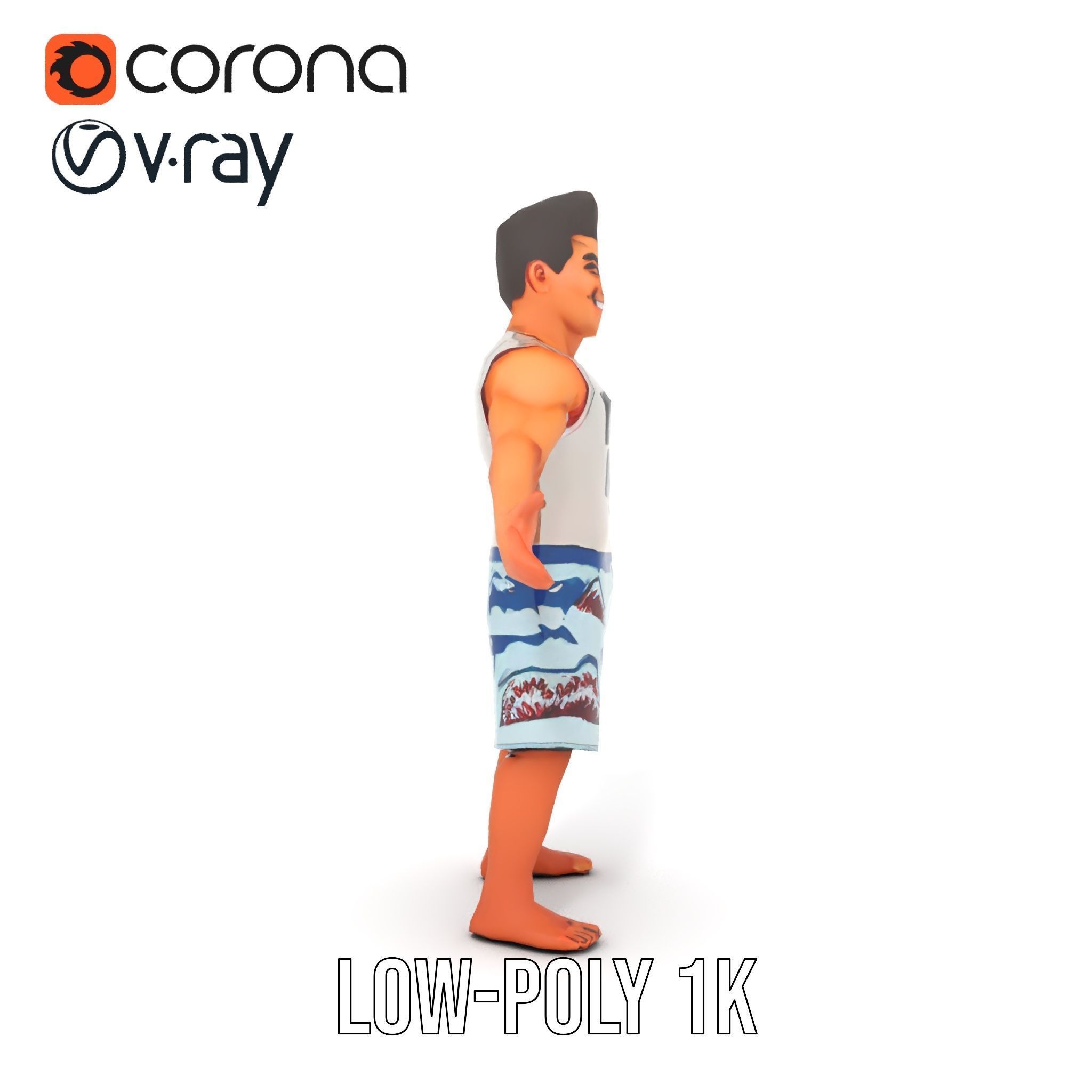 Surf Dude in Shark Shorts Rigged and Animated Character Model Low-poly 3D model_27